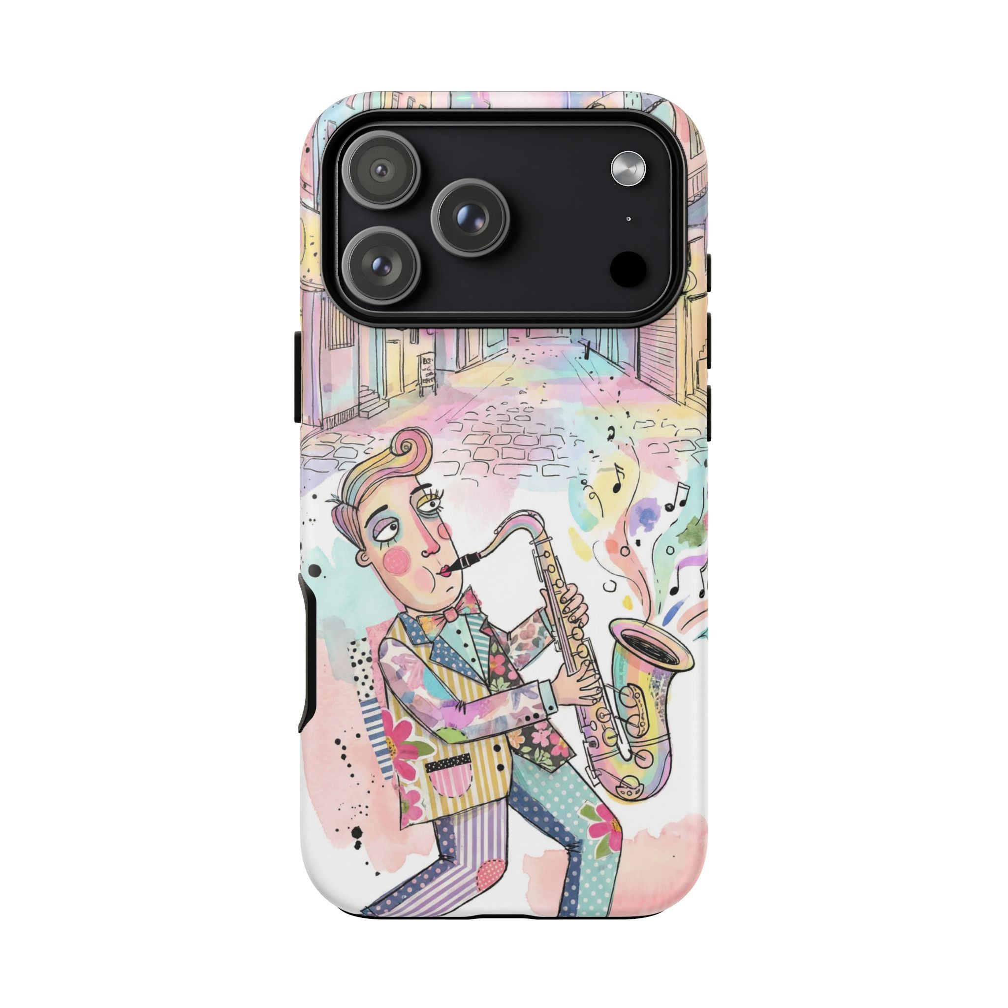 Sax Player Art iPhone Case | Pastel Jazz Street Illustration
