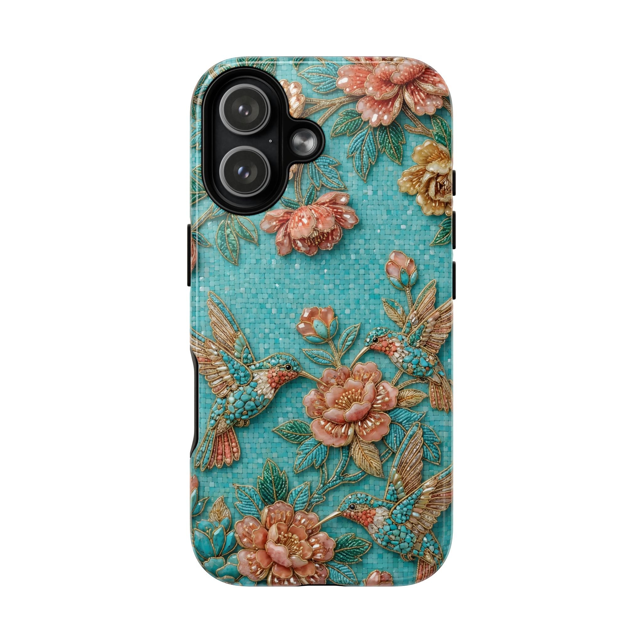 Floral Hummingbird Tough MagSafe iPhone Case | Turquoise Embroidered Garden Design