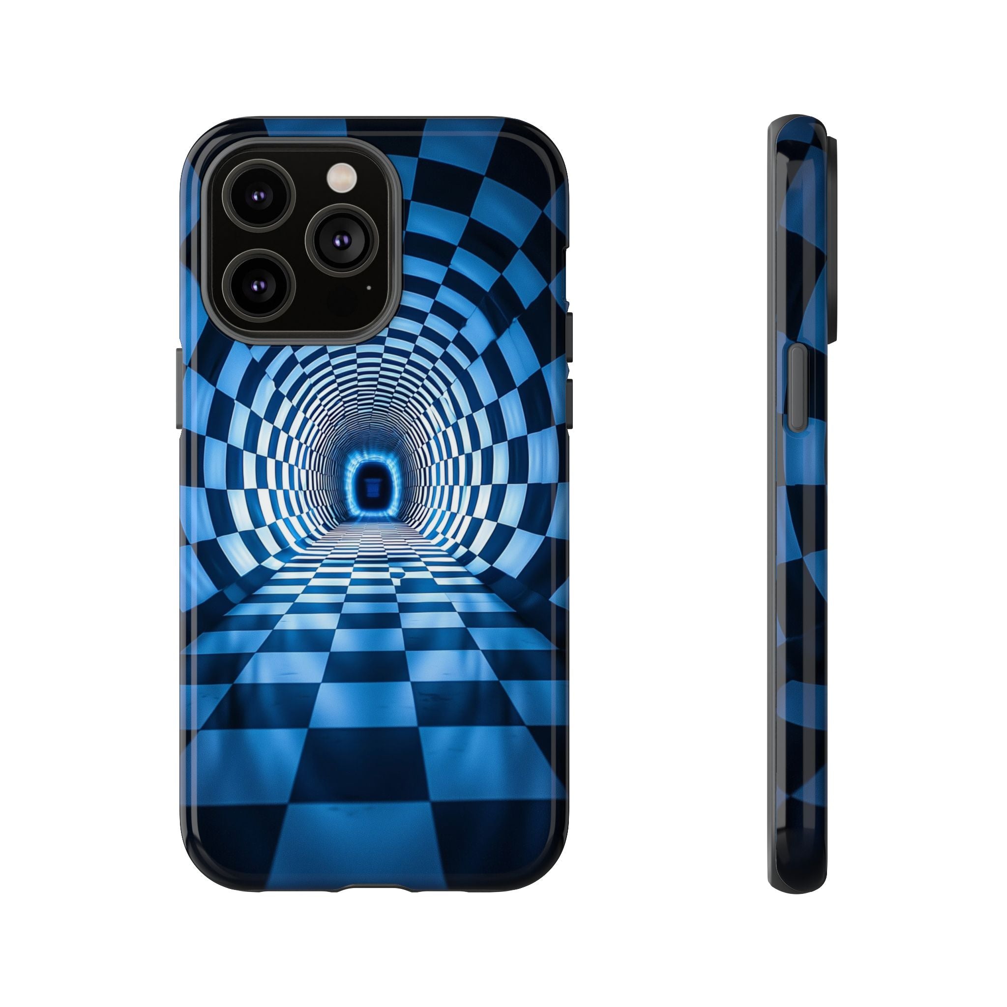 Blue Checkered Tunnel iPhone Case — 3D Optical Illusion Tough Case