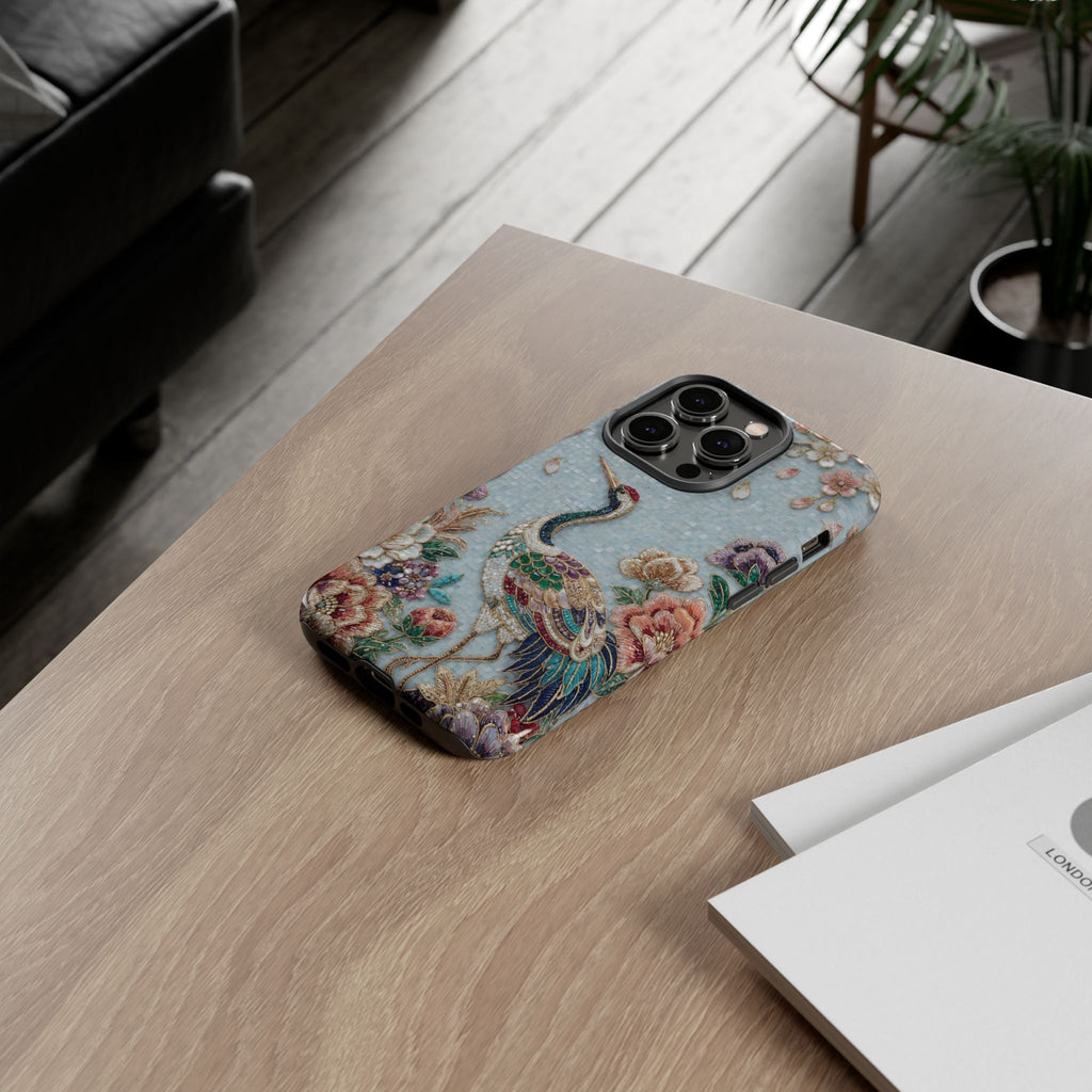 Floral Crane Tough iPhone Case | Vintage Embroidered Bird Protection