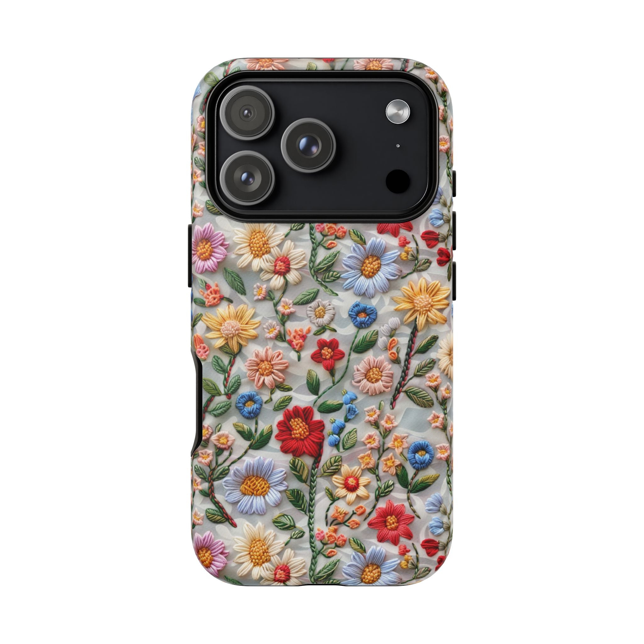 Floral Embroidered Pattern Tough iPhone Case — Colourful Daisy & Wildflower Design