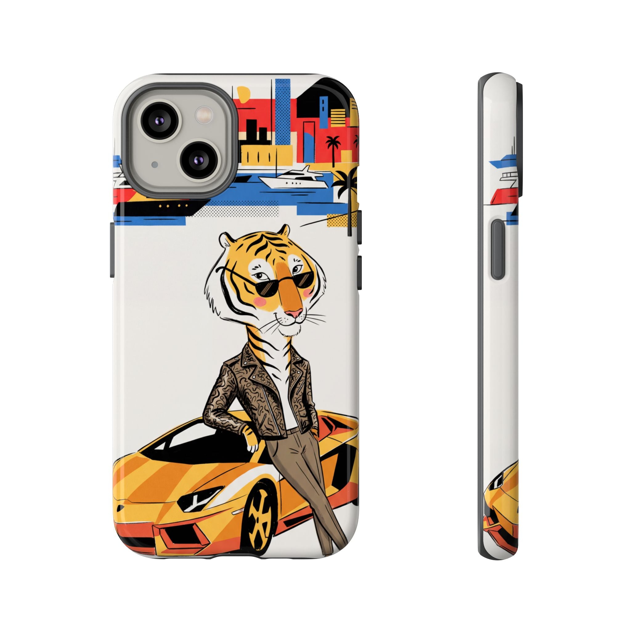 Stylish Tiger with Sports Car Illustration iPhone Case