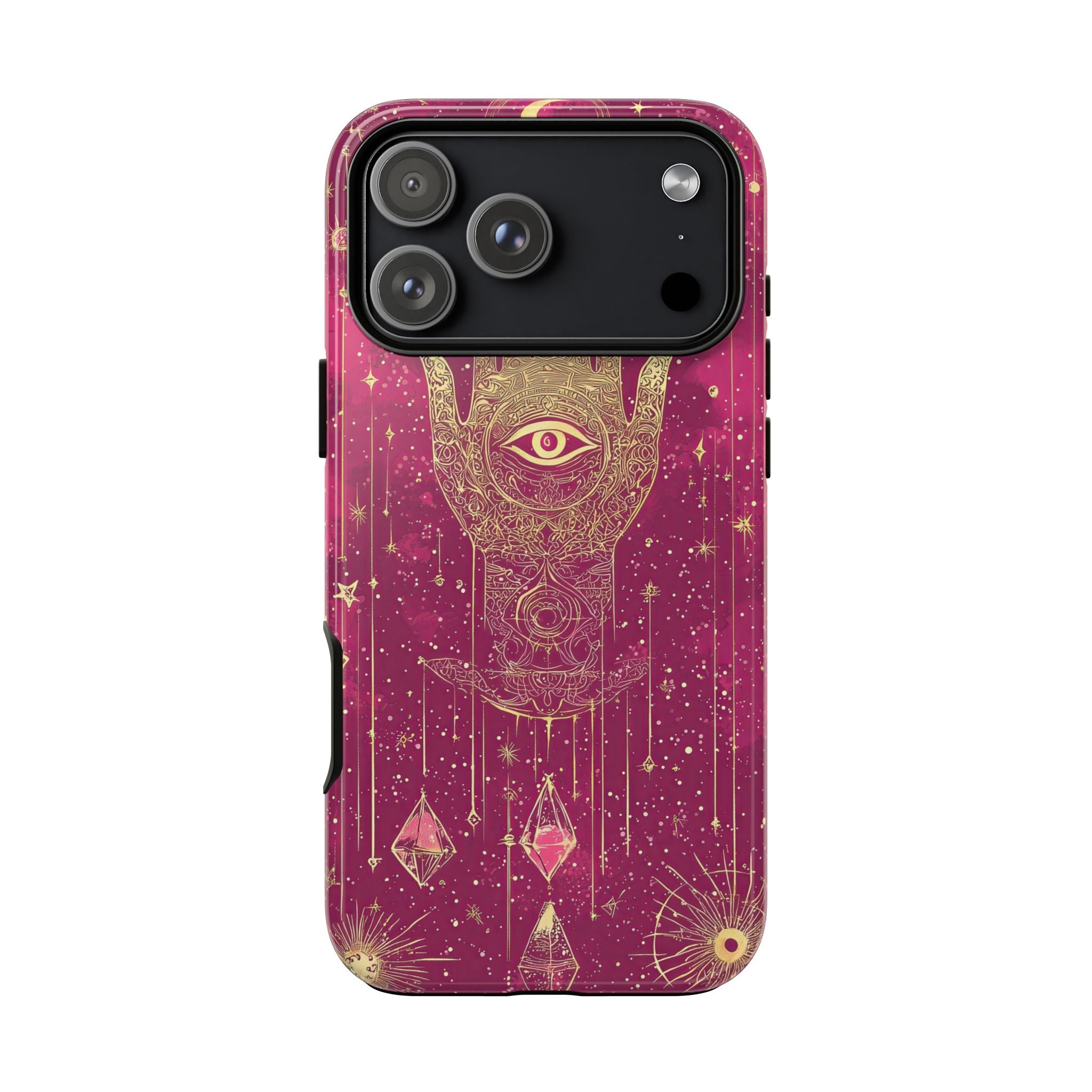 Mystic Hamsa iPhone Case | Gold Palm & All-Seeing Eye on Magenta Galaxy