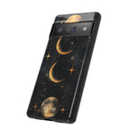 Celestial Moon Phases Tough Google Pixel Case | Gold Crescent & Full Moon Galaxy Design