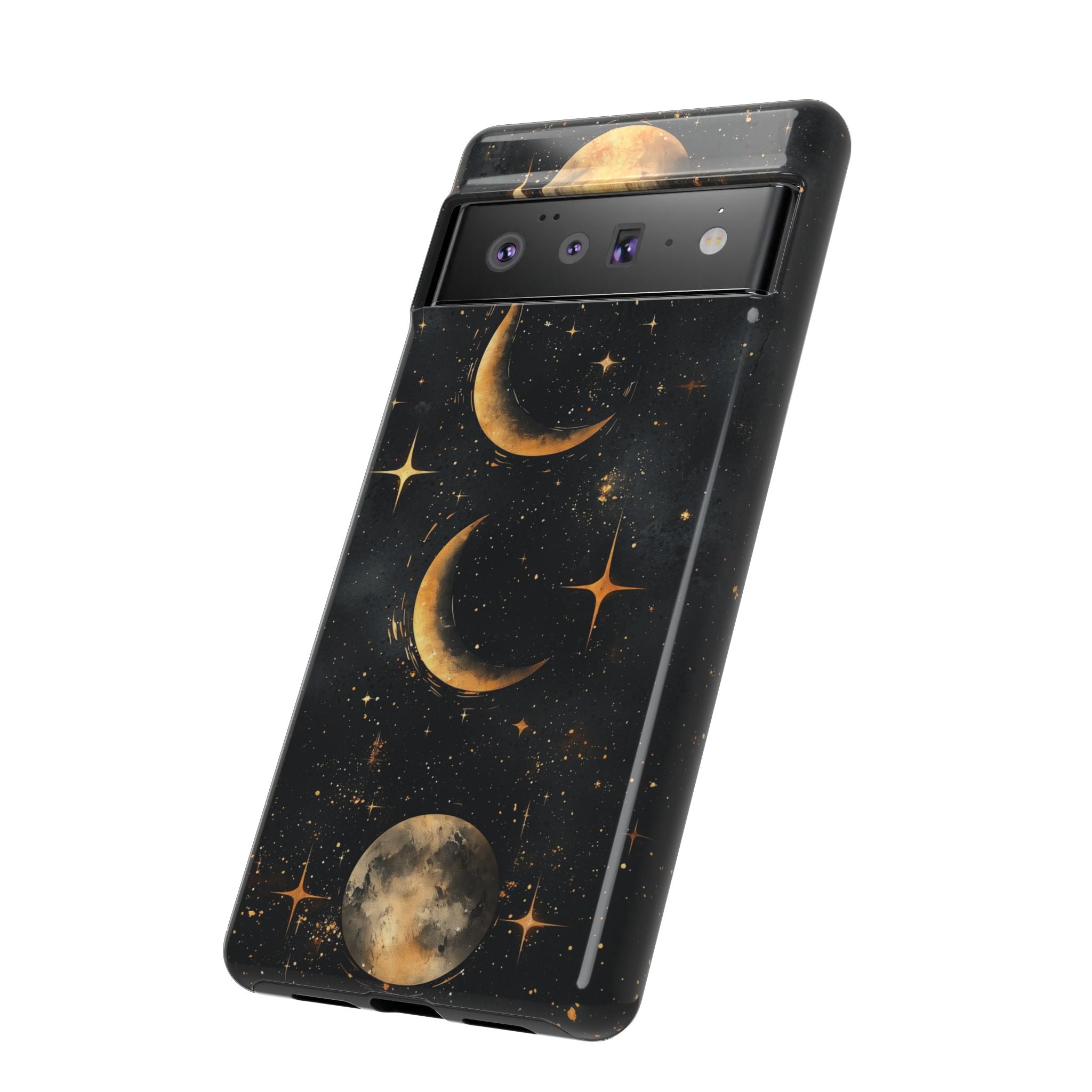 Celestial Moon Phases Tough Google Pixel Case | Gold Crescent & Full Moon Galaxy Design