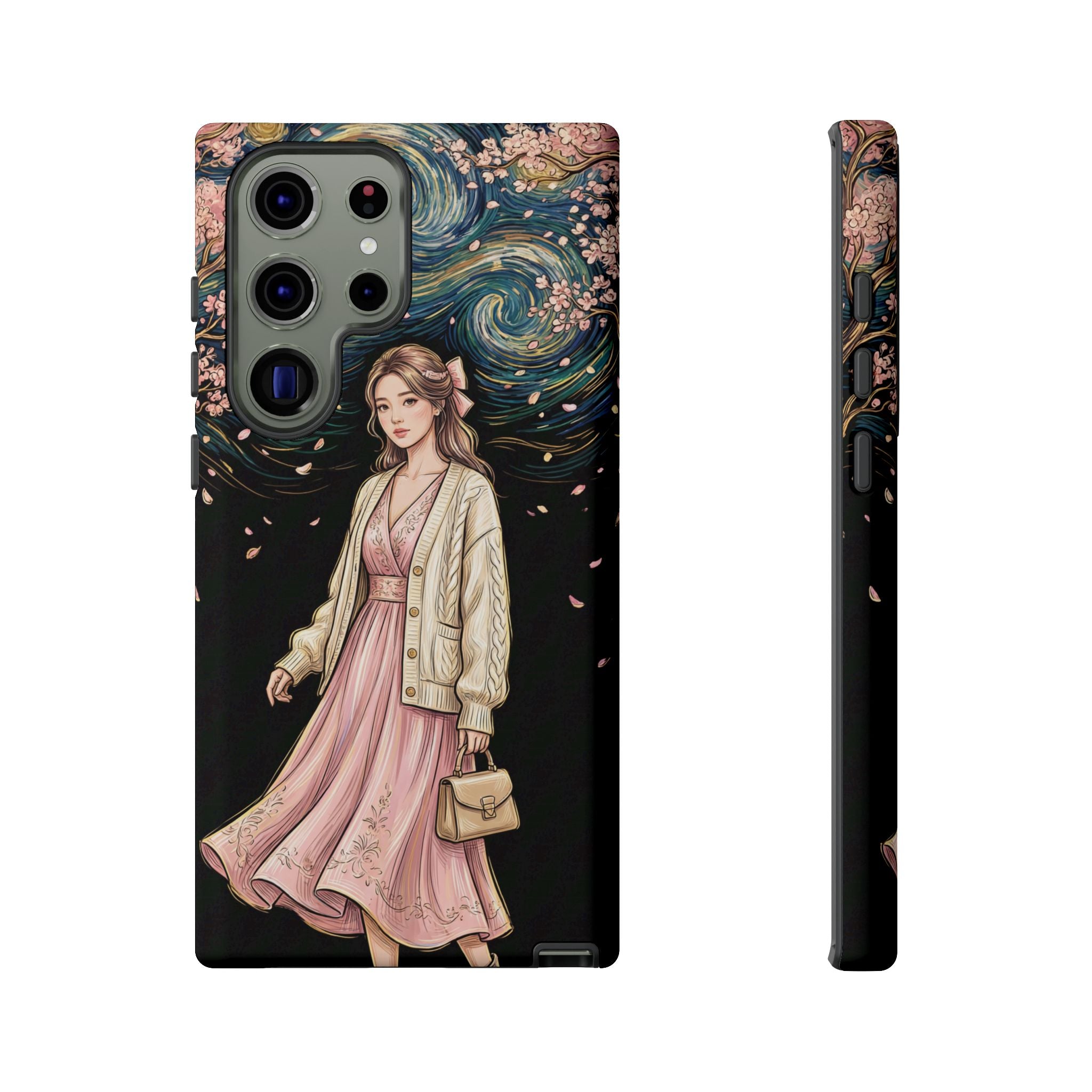 Floral Starry Night Samsung Galaxy Phone Case | Elegant Girl in Pink Dress