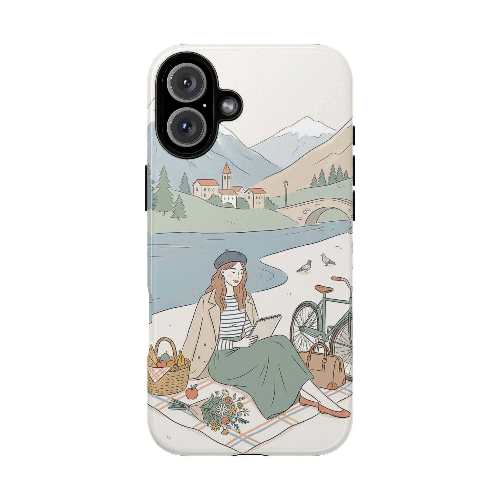 Scenic Picnic iPhone Case | Vintage Bicycle & Mountain Illustration