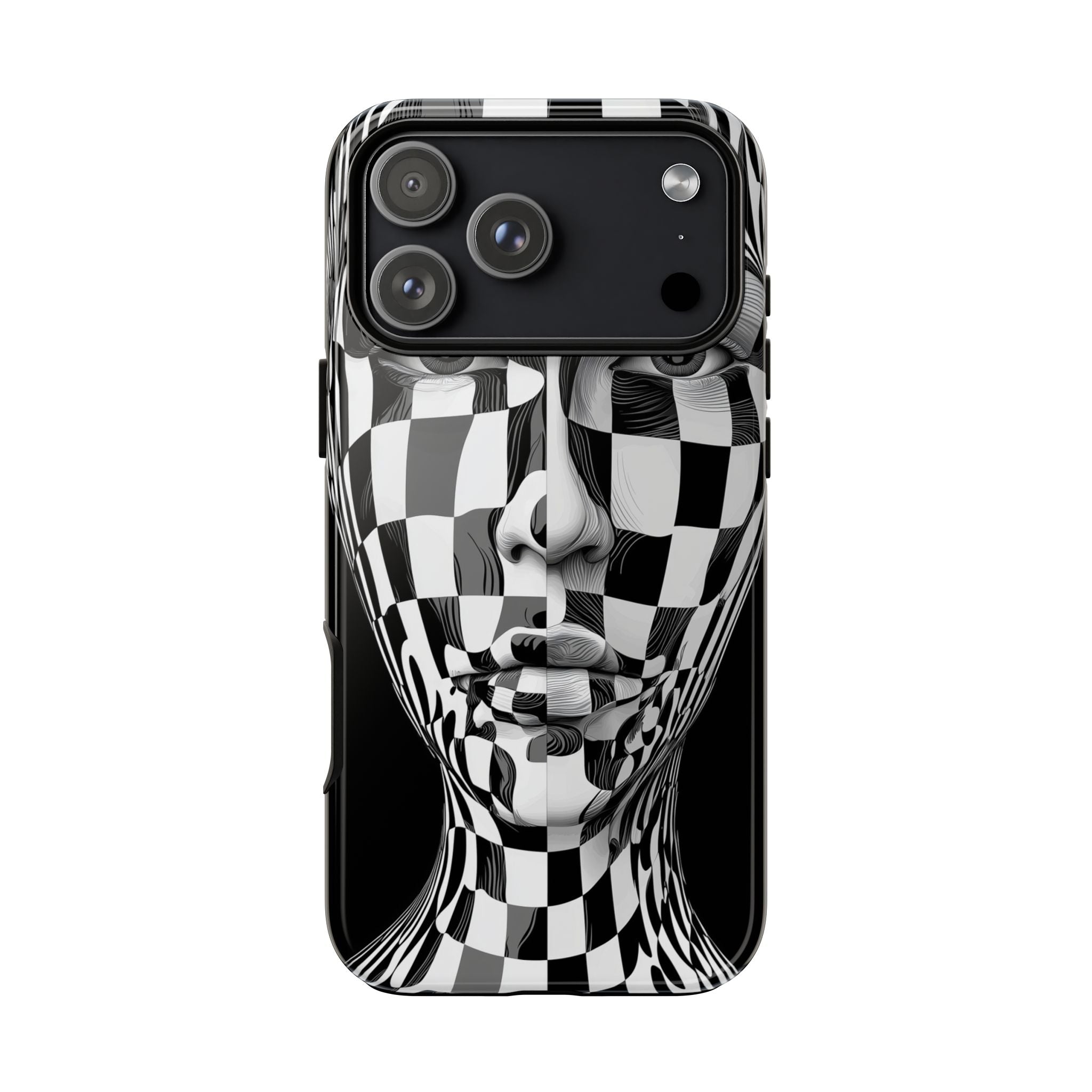 Checkerboard Face Tough iPhone Case — Black & White Surreal Art Protective Cover