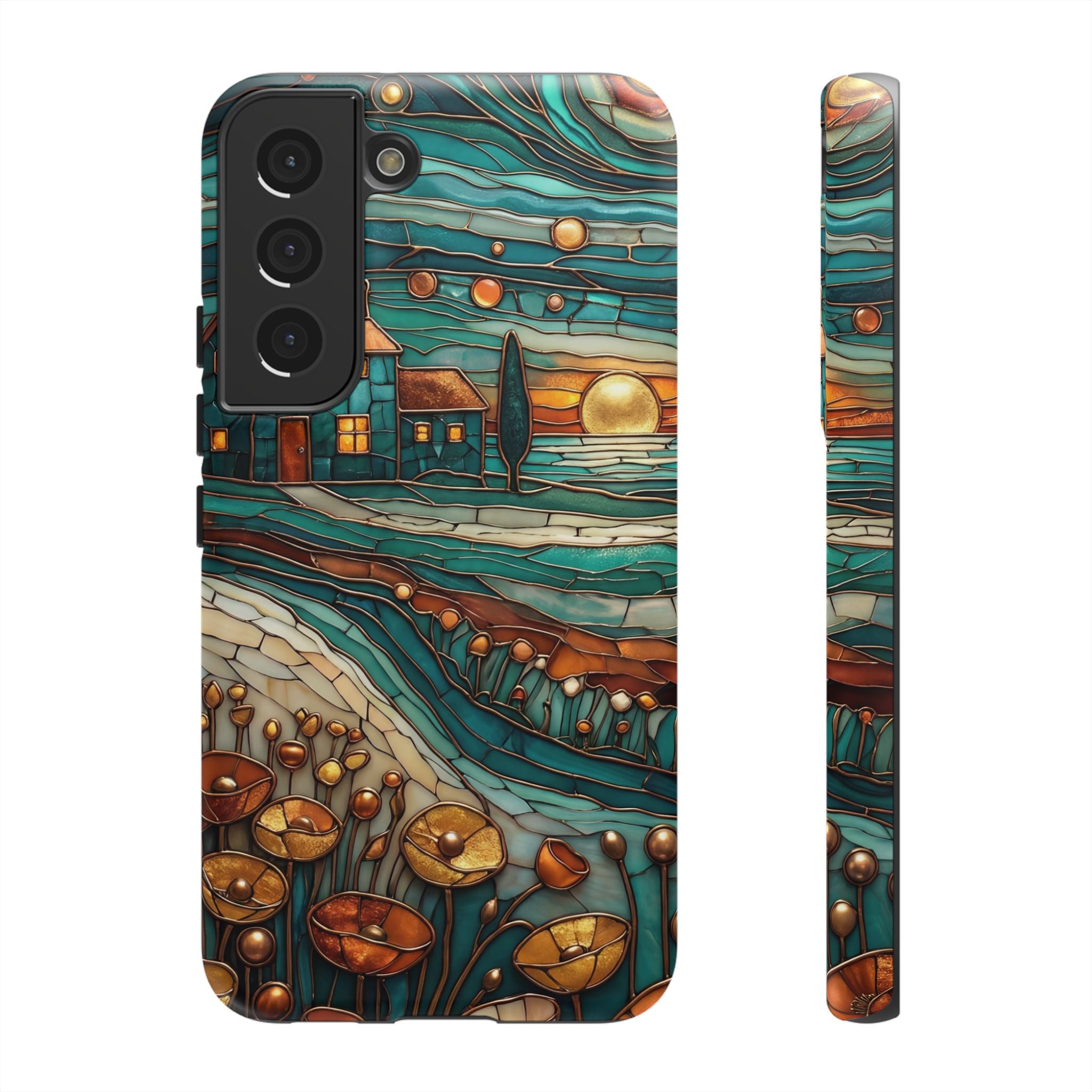Artistic Sunset Cottage Samsung Galaxy Case | Whimsical Floral Landscape Protective Cover