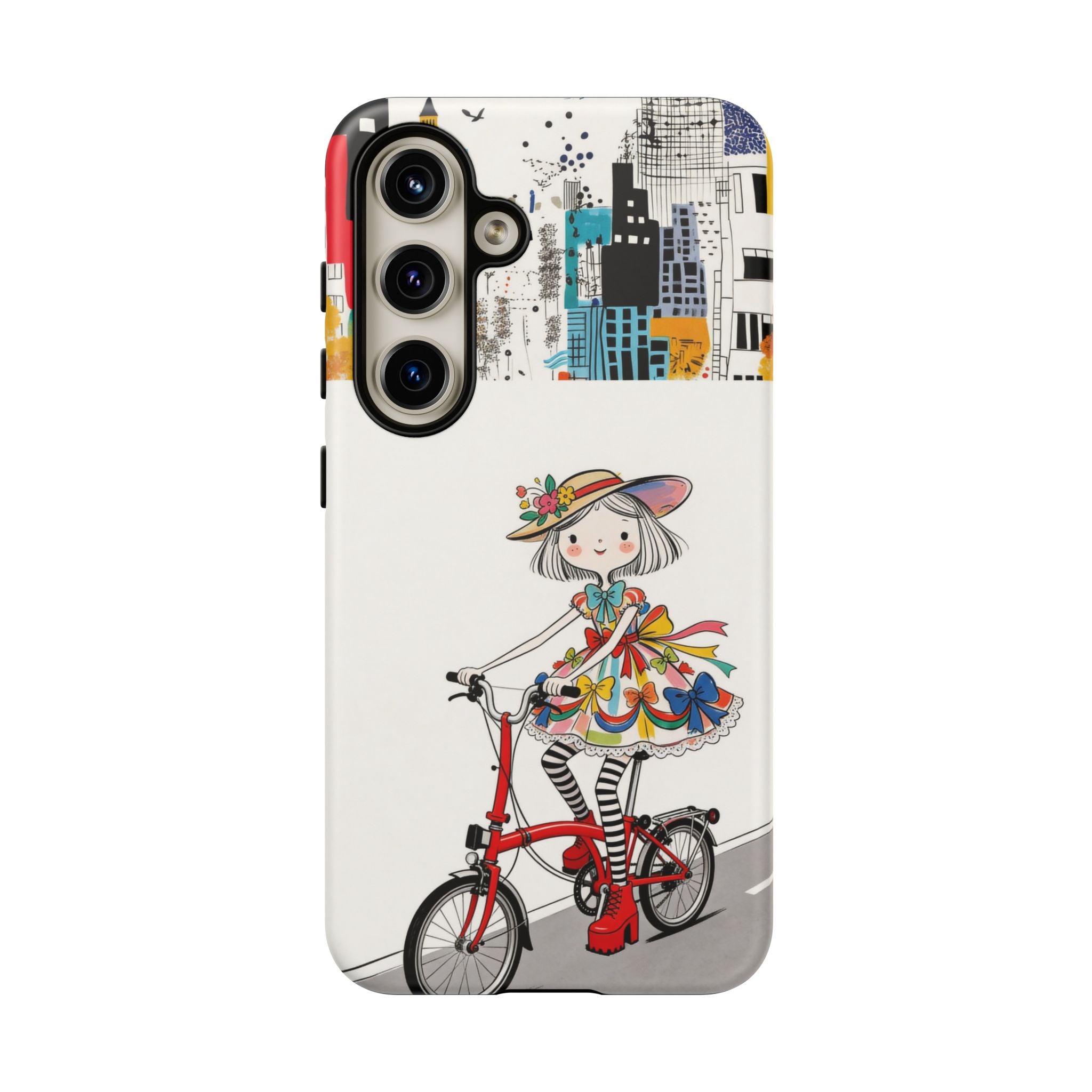 Whimsical Girl on Brompton Bicycle Urban Illustration Samsung Galaxy Phone Case