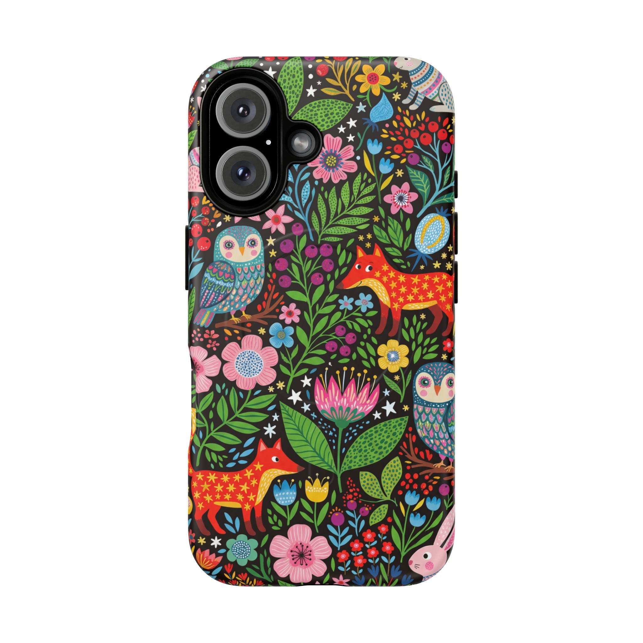 Floral Woodland MagSafe iPhone Case | Colourful Fox & Owl Protective Cover