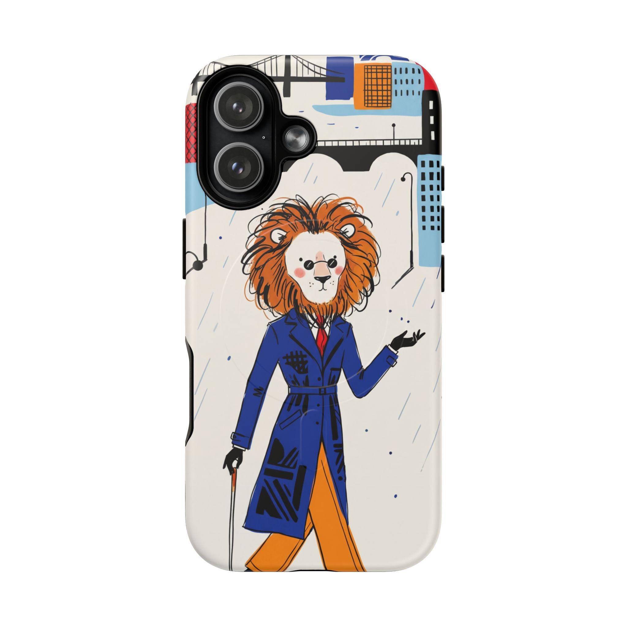 Lion Gentleman MagSafe iPhone Case | Dapper Lion in City Rain