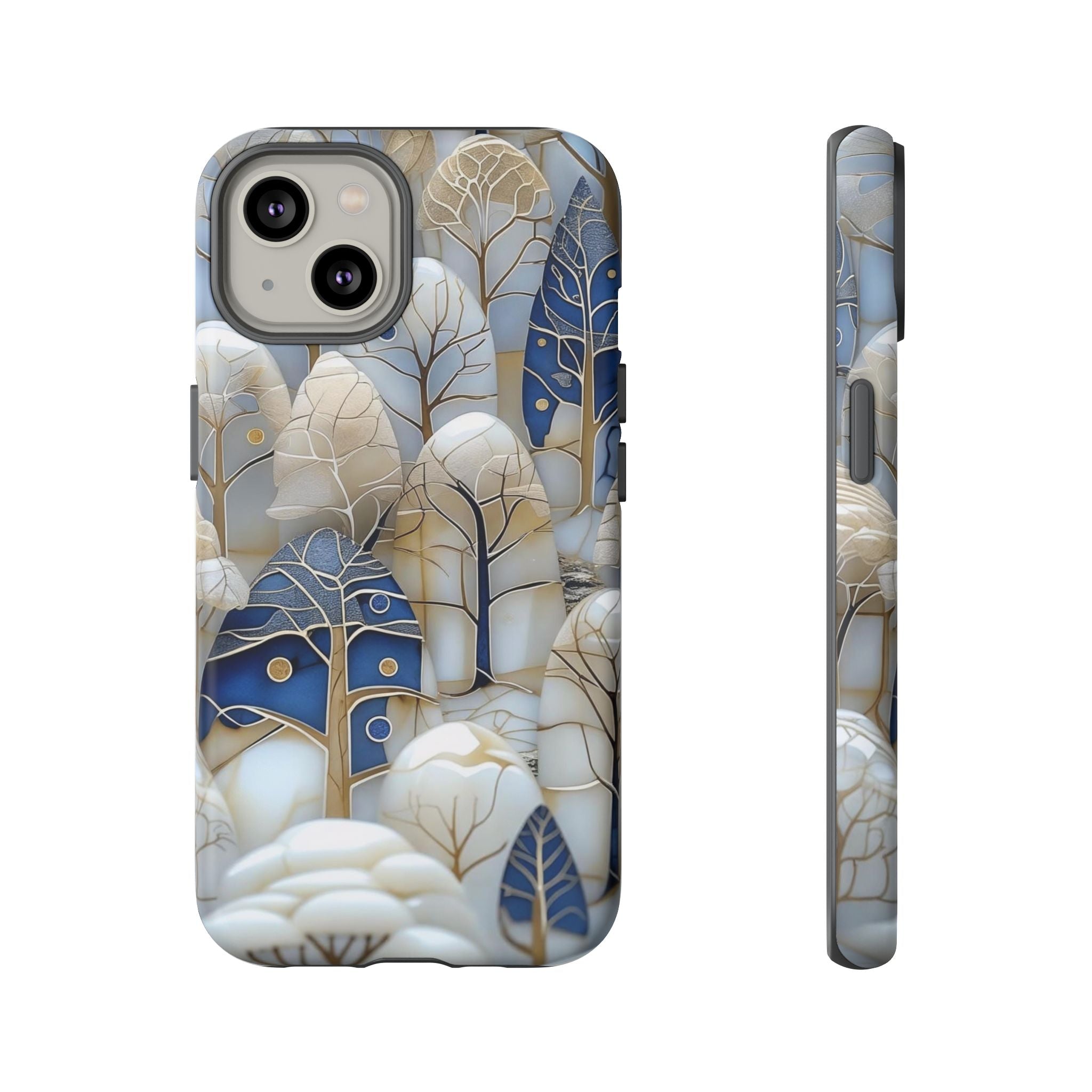 Blue Gold Winter Forest iPhone Case — Elegant Tree Pattern Tough Case