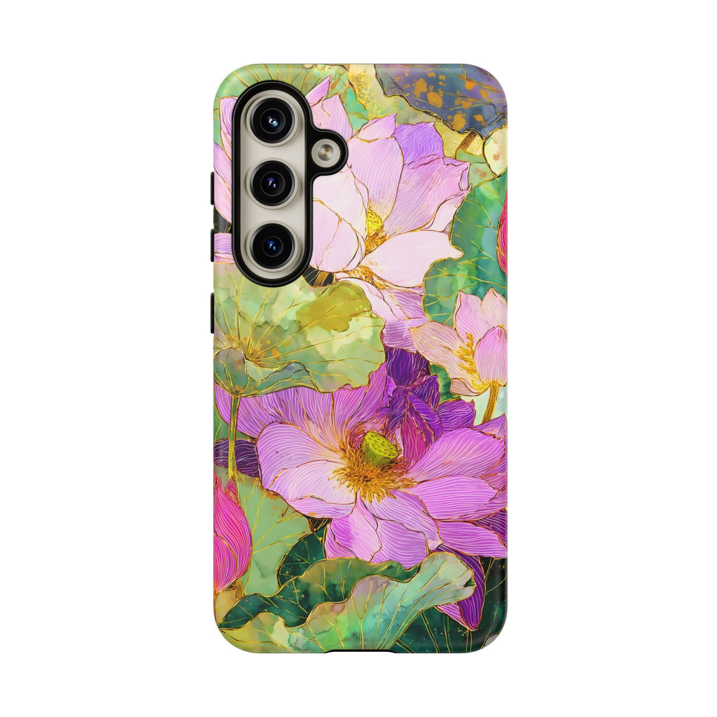Custodia Protettiva Resistente per Telefono Samsung Galaxy con Acquerello Floreale | Cover Protettiva Giardino di Loto Rosa