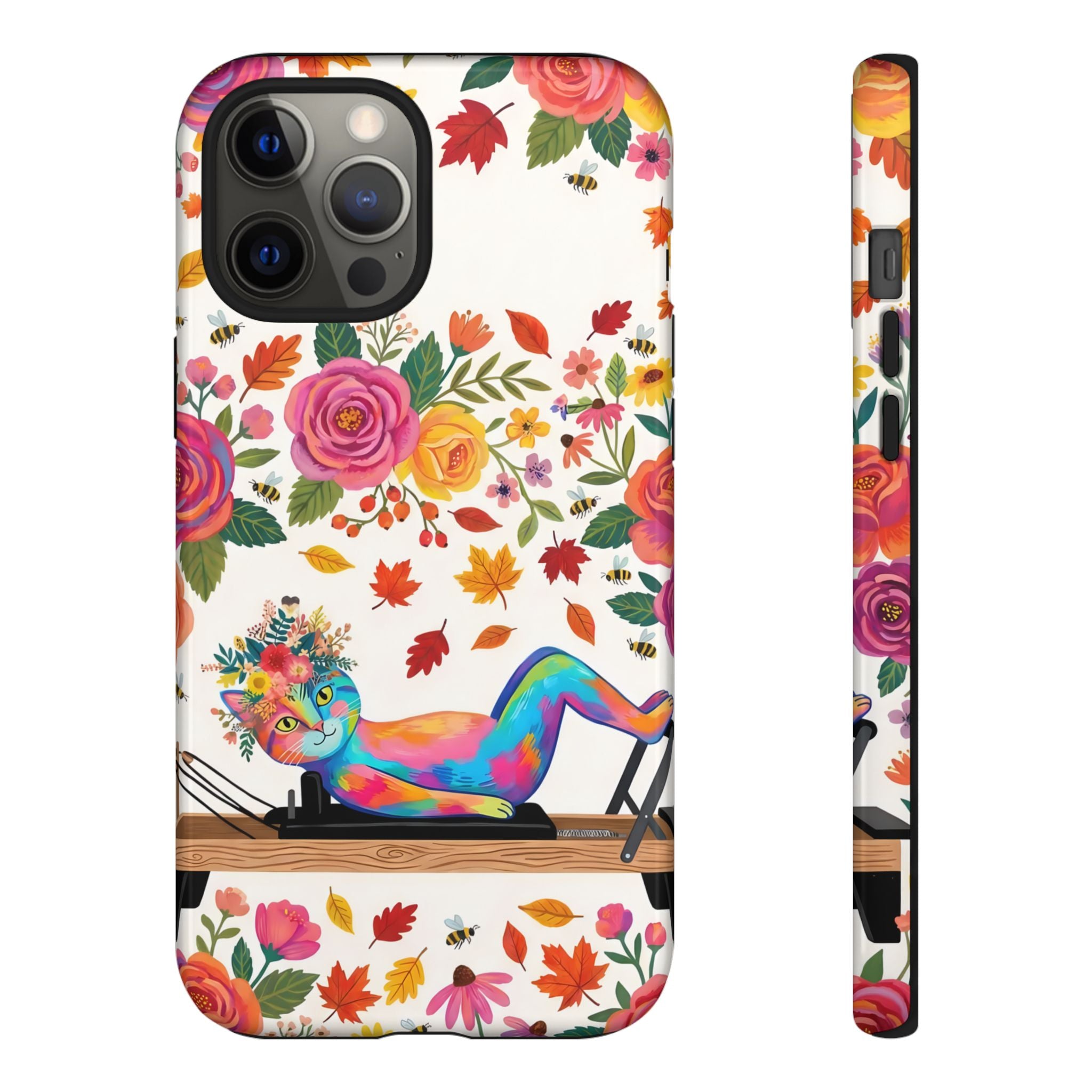 Autumn Floral Pilates iPhone Case | Colorful Rainbow Pilates Cat on Falling Leaves