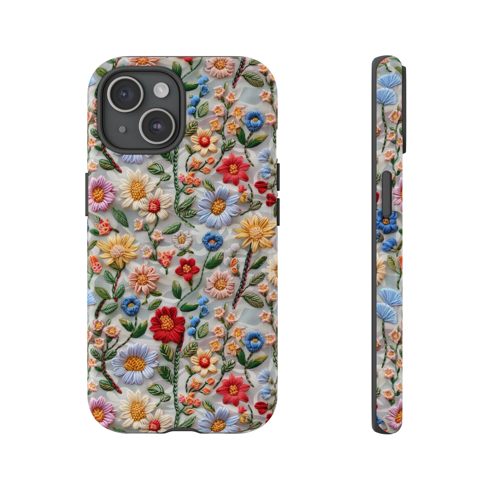 Floral Embroidered Pattern Tough iPhone Case — Colourful Daisy & Wildflower Design