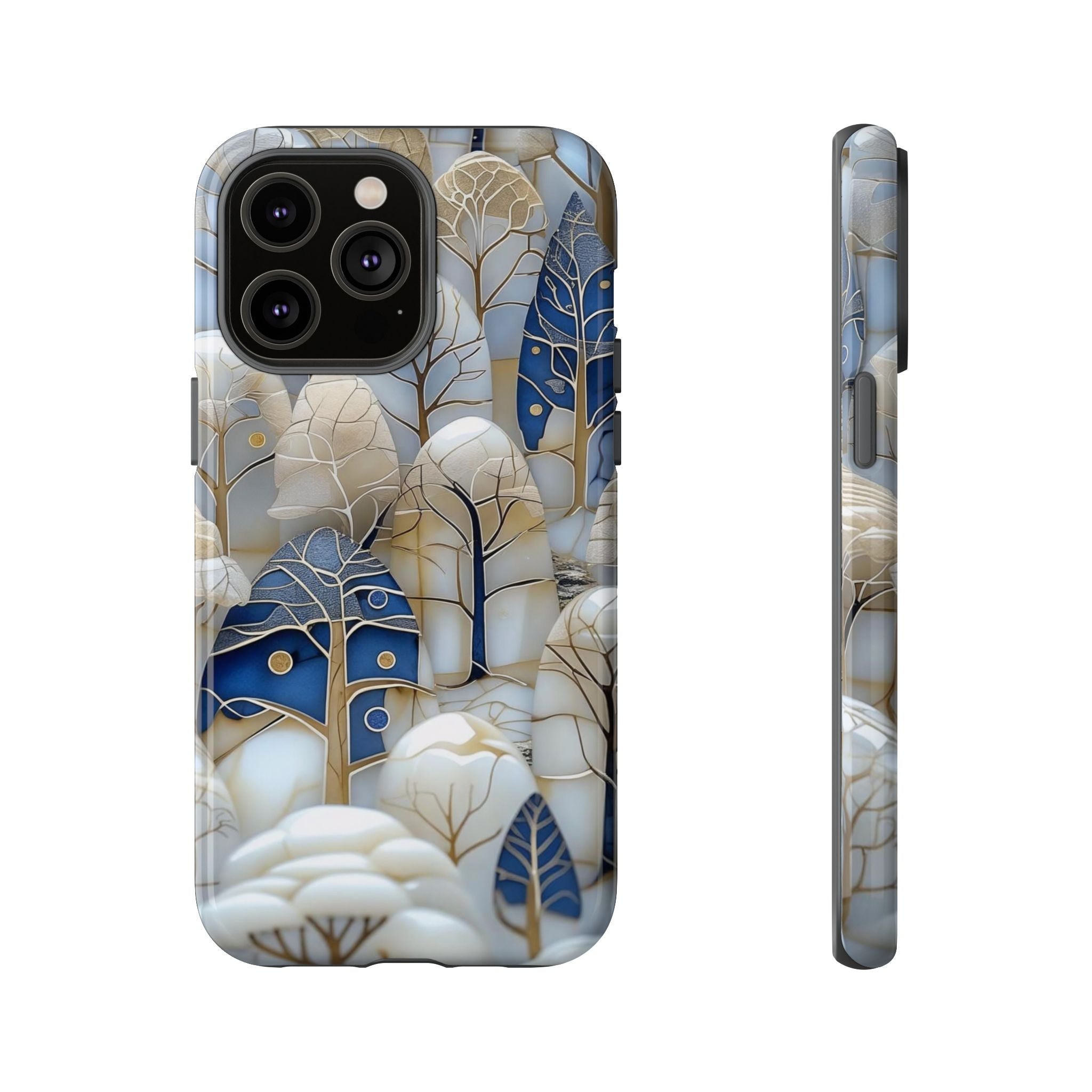 Blue Gold Winter Forest iPhone Case — Elegant Tree Pattern Tough Case