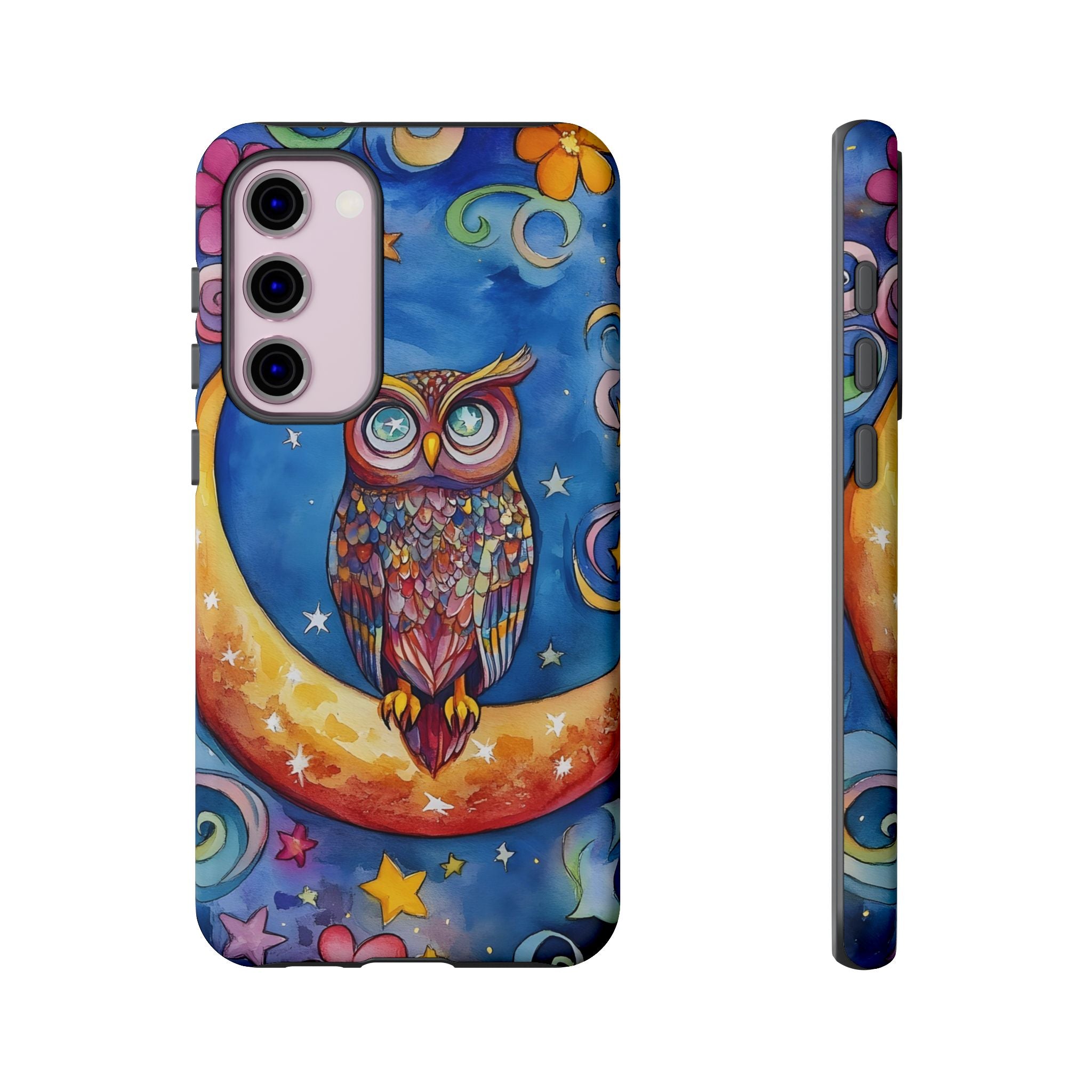 Owl on Crescent Moon Samsung Galaxy Case — Colourful Whimsical Night Sky Design