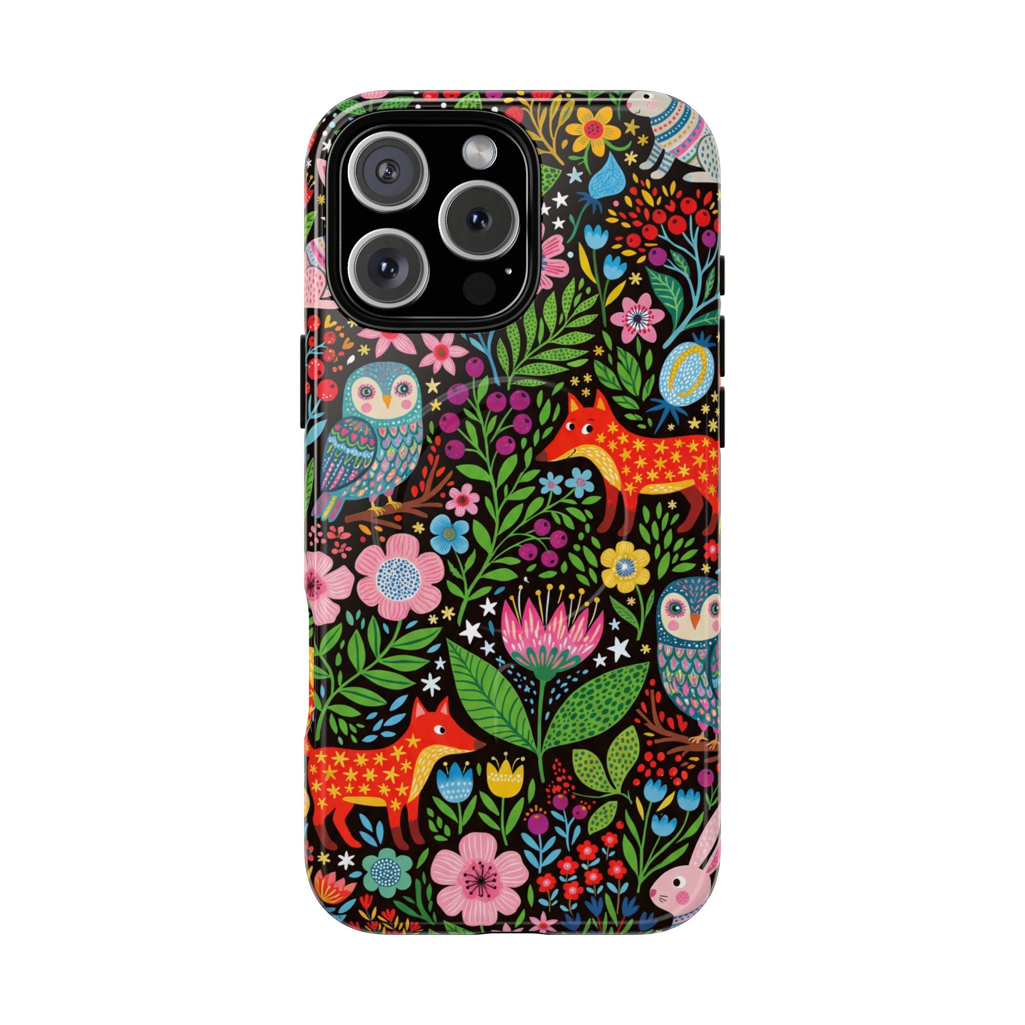 Floral Woodland MagSafe iPhone Case | Colourful Fox & Owl Protective Cover