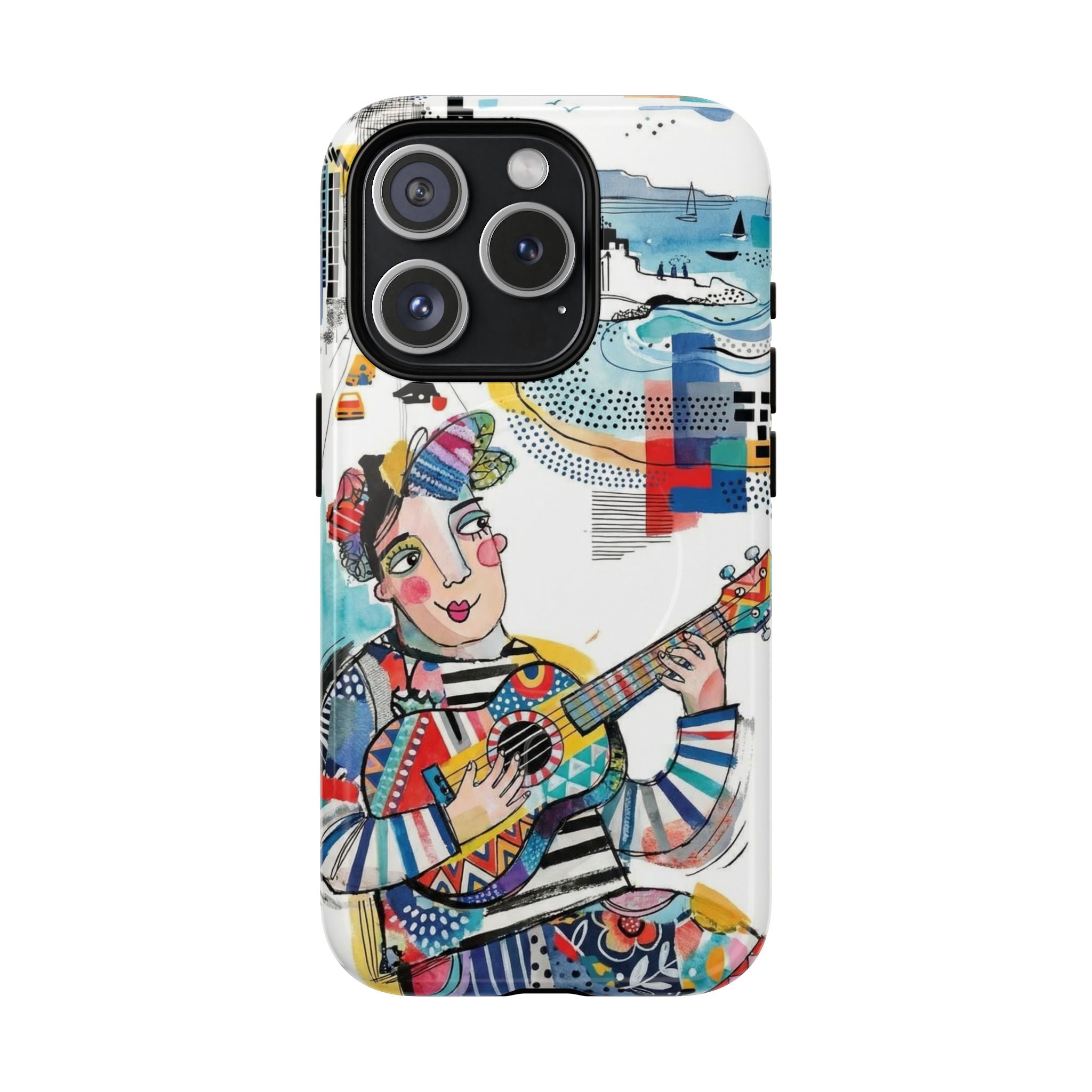 Artistic Musician MagSafe iPhone Case | Colorful Guitar Cityscape Tough Case