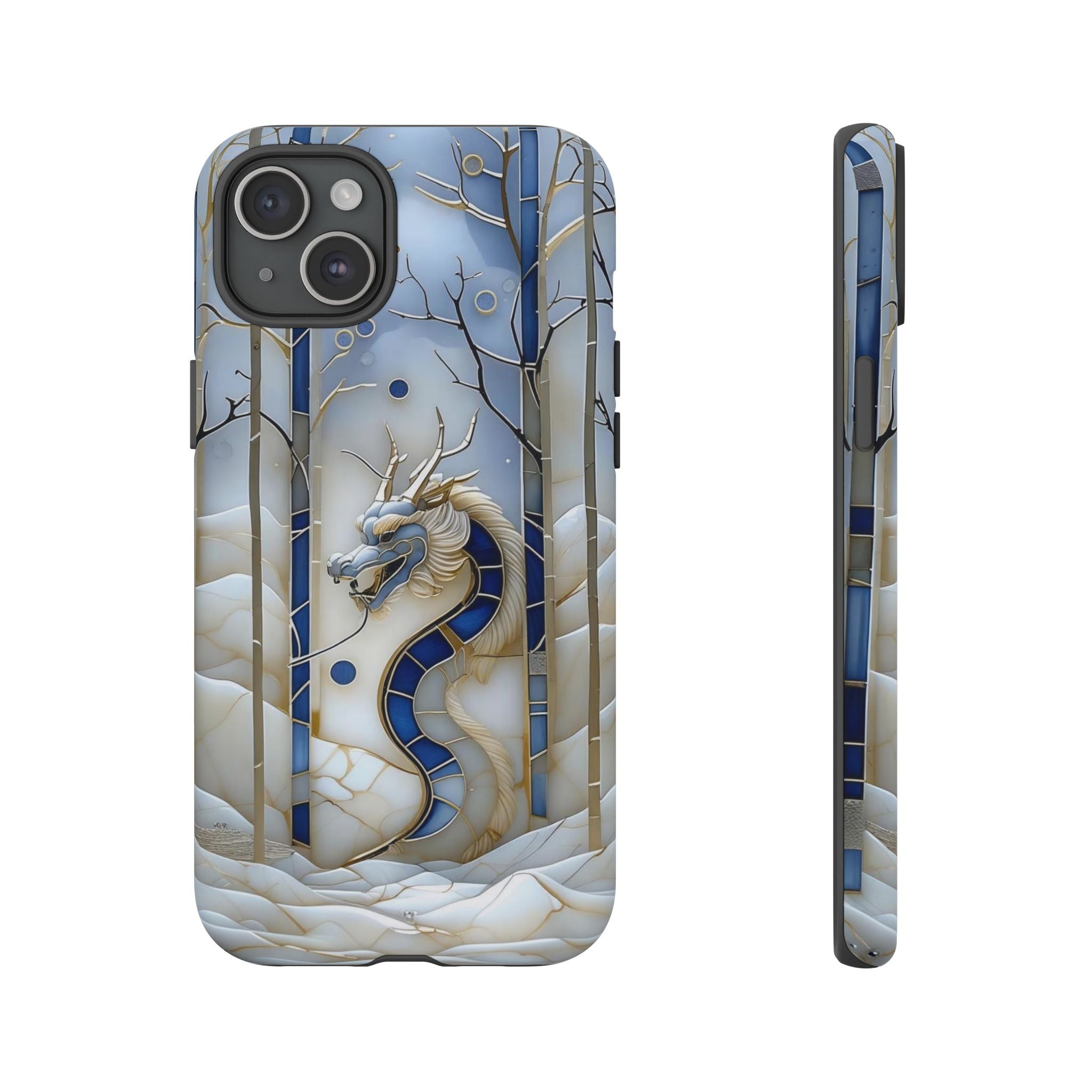 Dragon Stained Glass iPhone Case — Blue Winter Forest Protective Cover