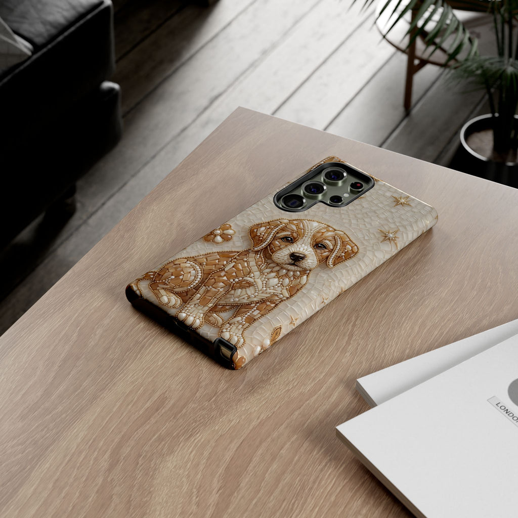 Cute Mosaic Puppy Samsung Galaxy Phone Case — Protective Phone Cover with Brown Puppy Art