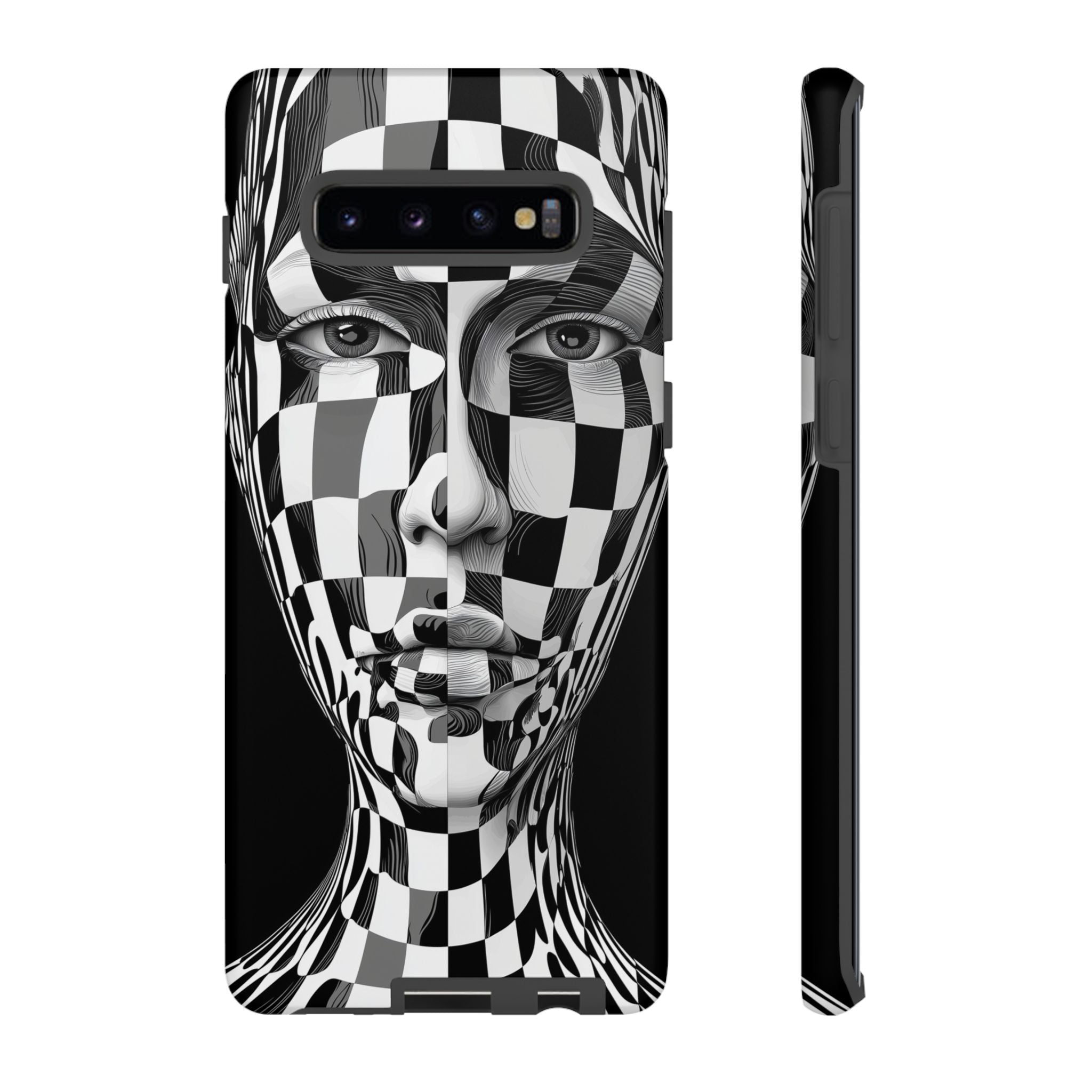 Checkerboard Face Tough Samsung Galaxy Case — Black & White Surreal Art Protective Cover