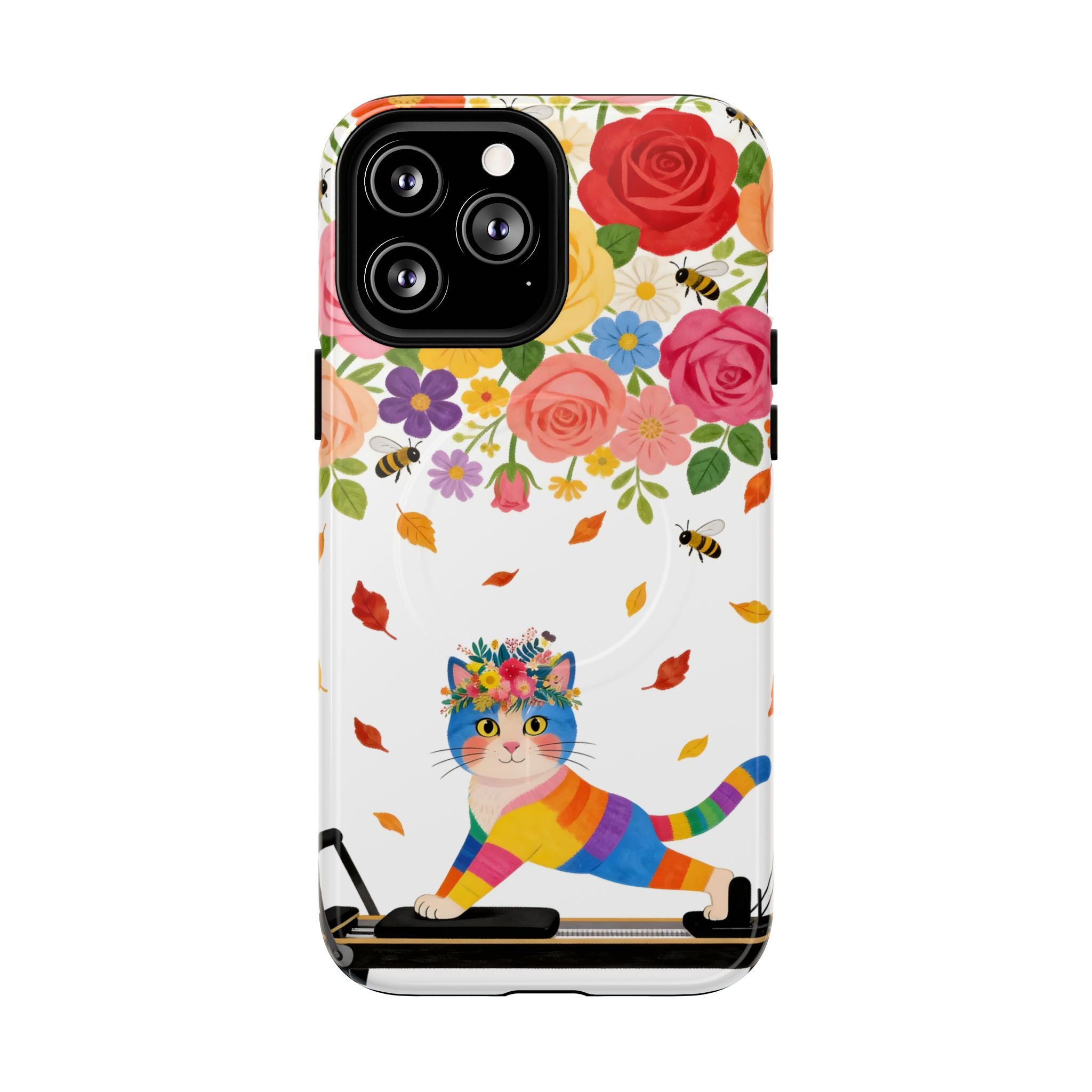 Floral Rainbow Cat Tough MagSafe iPhone Case — Colorful Pilates Cat Design