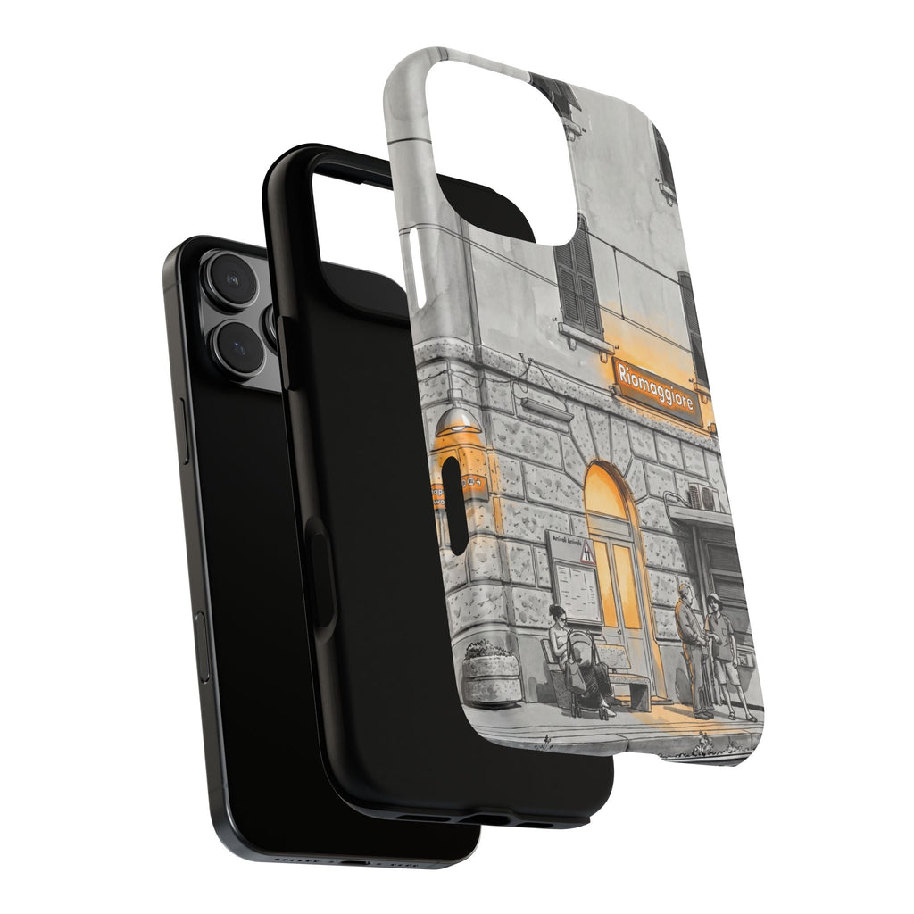 Cinque Terre Train Station iPhone Case | Black & White Sketch with Warm Yellow Accents