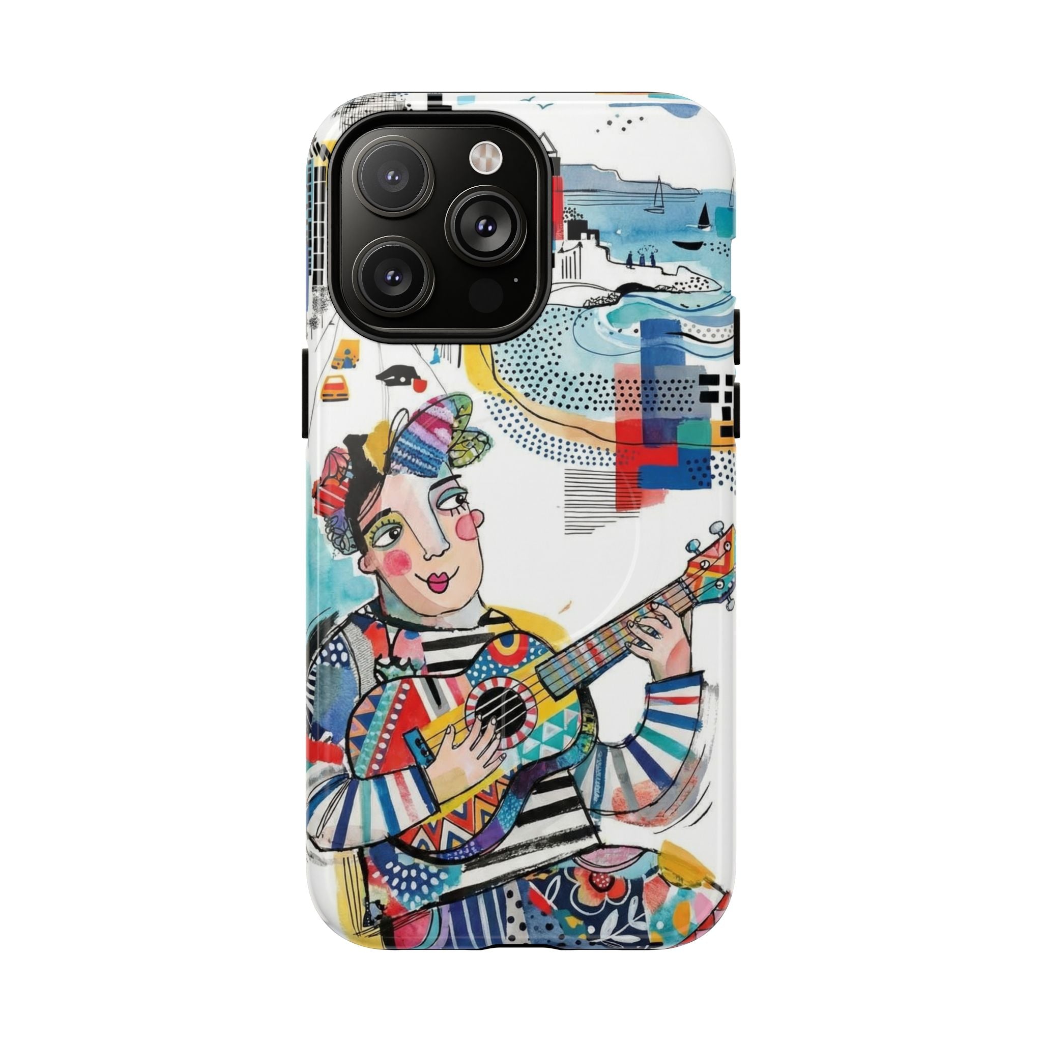 Artistic Musician MagSafe iPhone Case | Colorful Guitar Cityscape Tough Case