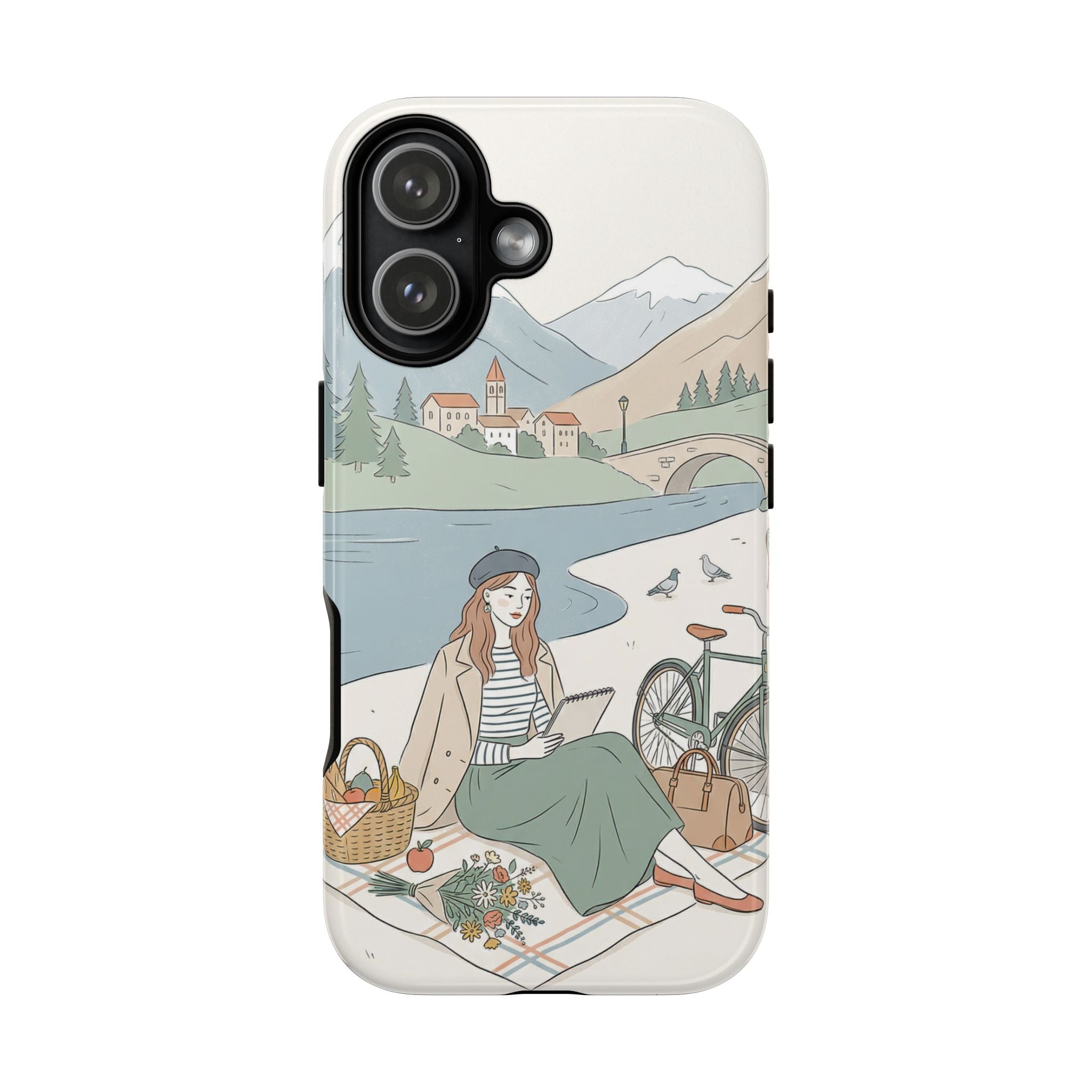 Scenic Picnic iPhone Case | Vintage Bicycle & Mountain Illustration