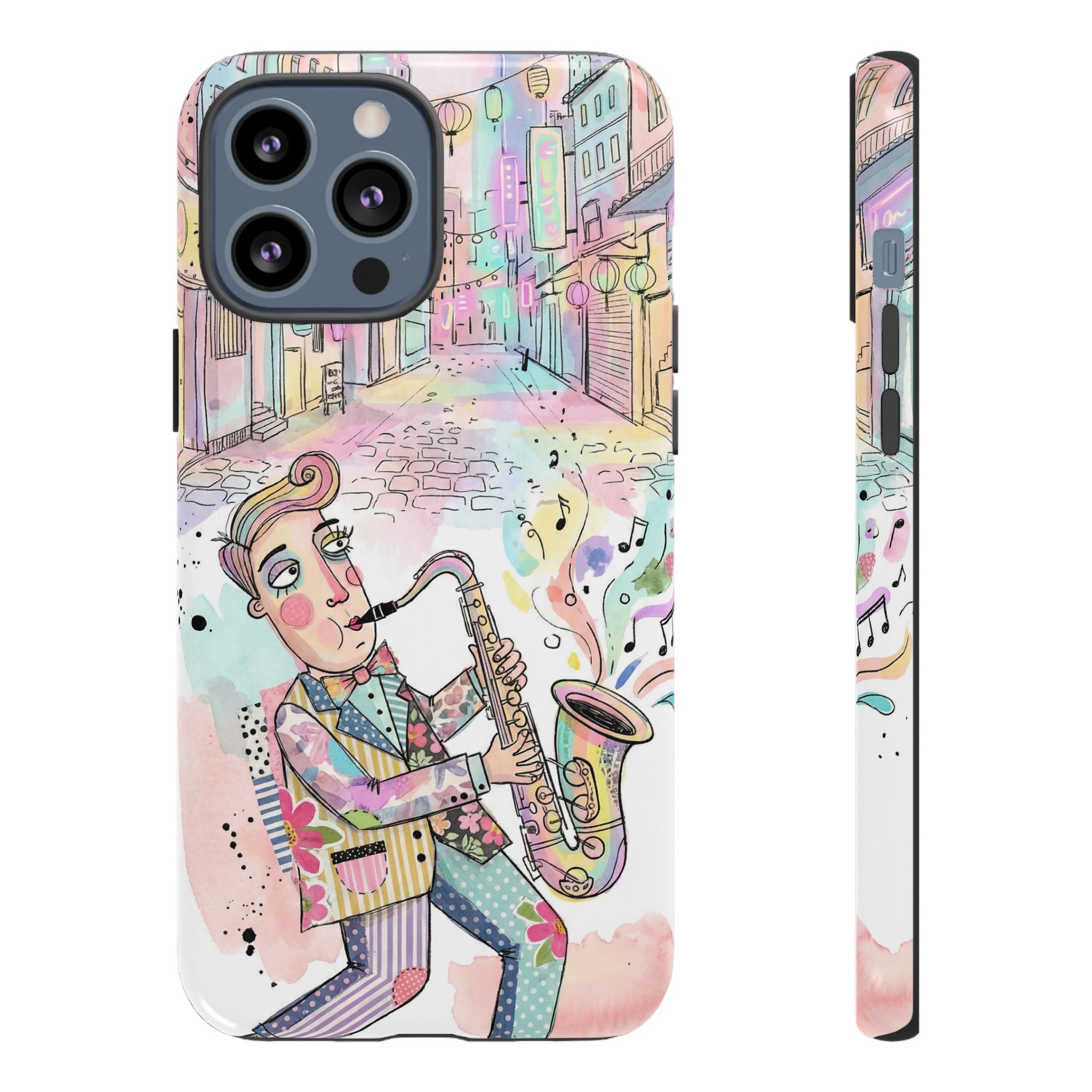 Sax Player Art iPhone Case | Pastel Jazz Street Illustration