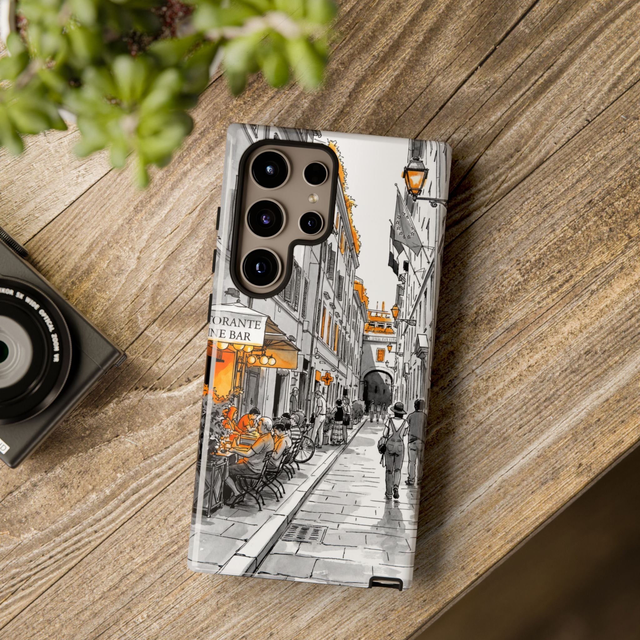 Italy Street Samsung Galaxy Case | Black & White Cityscape with Orange Accents