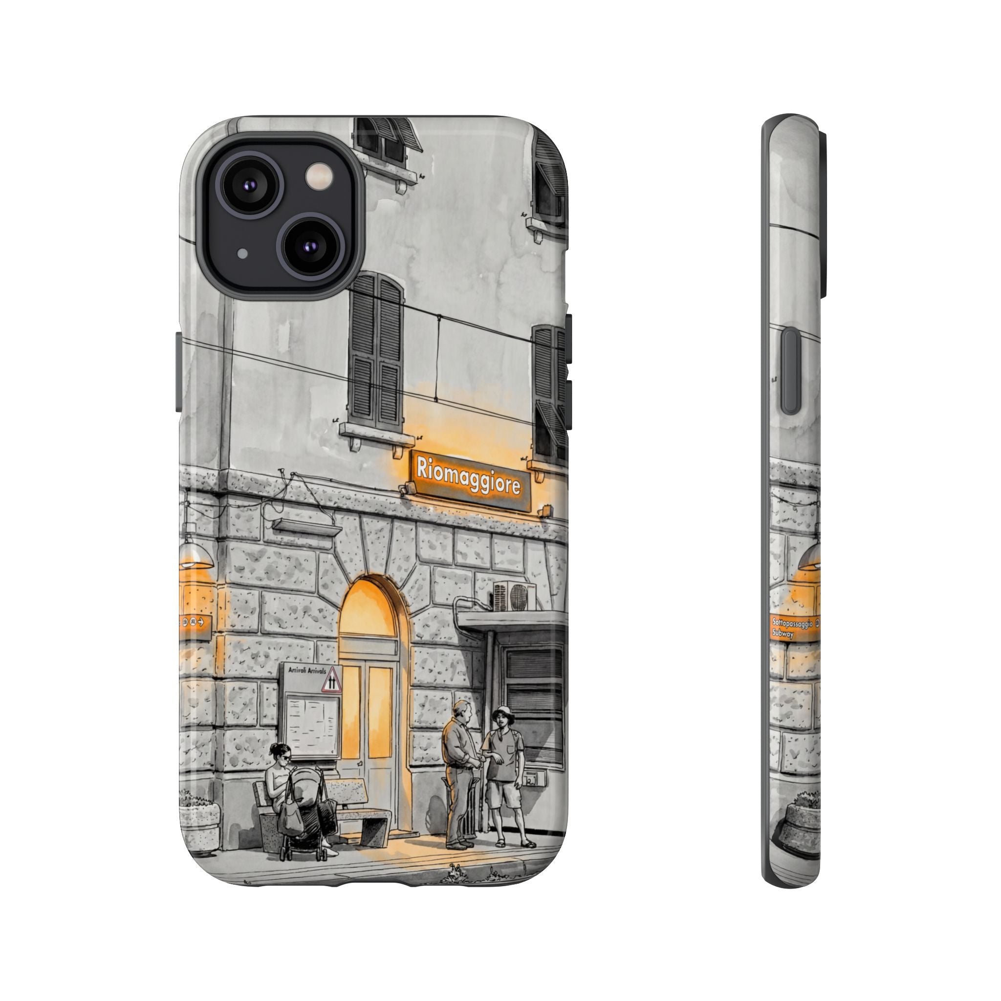 Cinque Terre Train Station iPhone Case | Black & White Sketch with Warm Yellow Accents