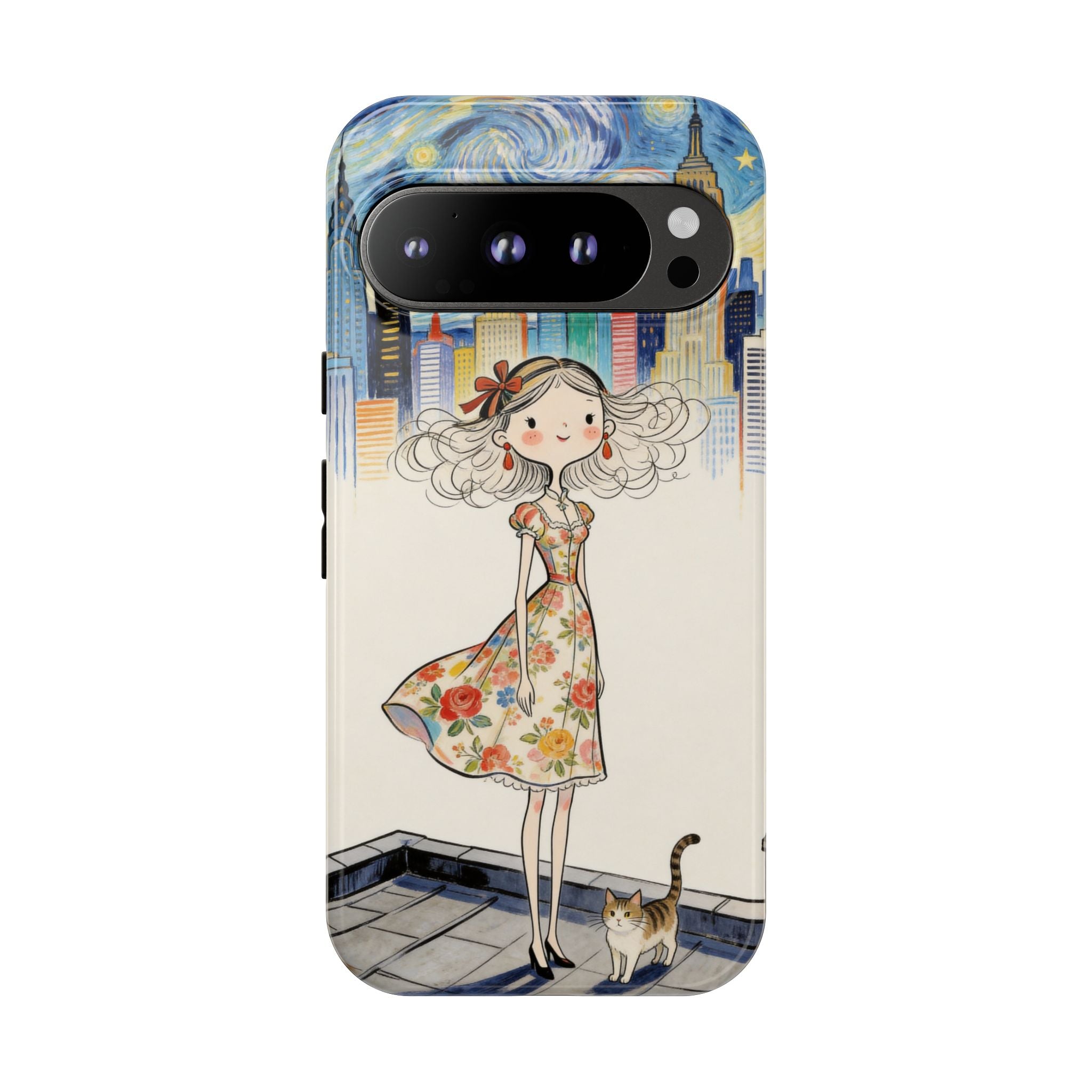 Artistic Girl Cityscape Google Pixel Phone Case | Cute Floral Dress Rooftop Design