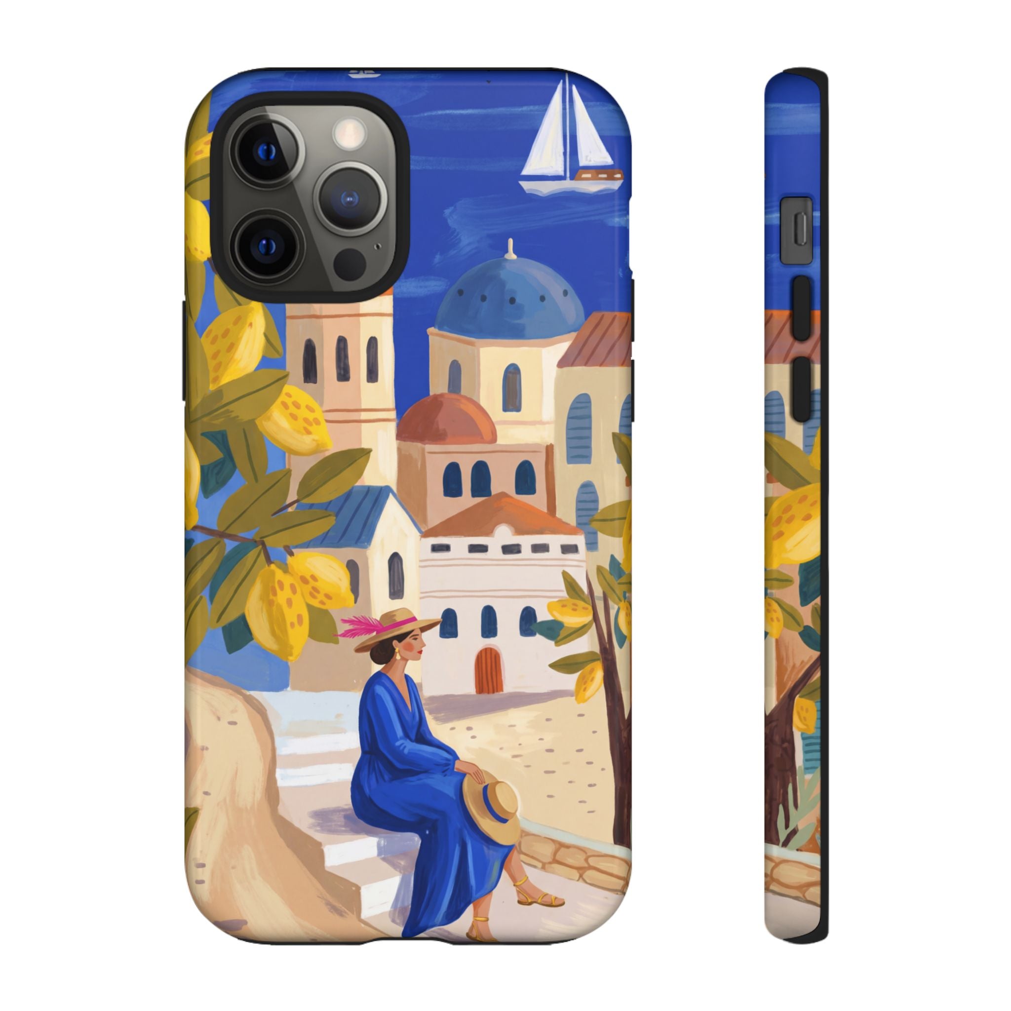 Mediterranean Village iPhone Case | Scenic Sailboat & Lemon Grove Design