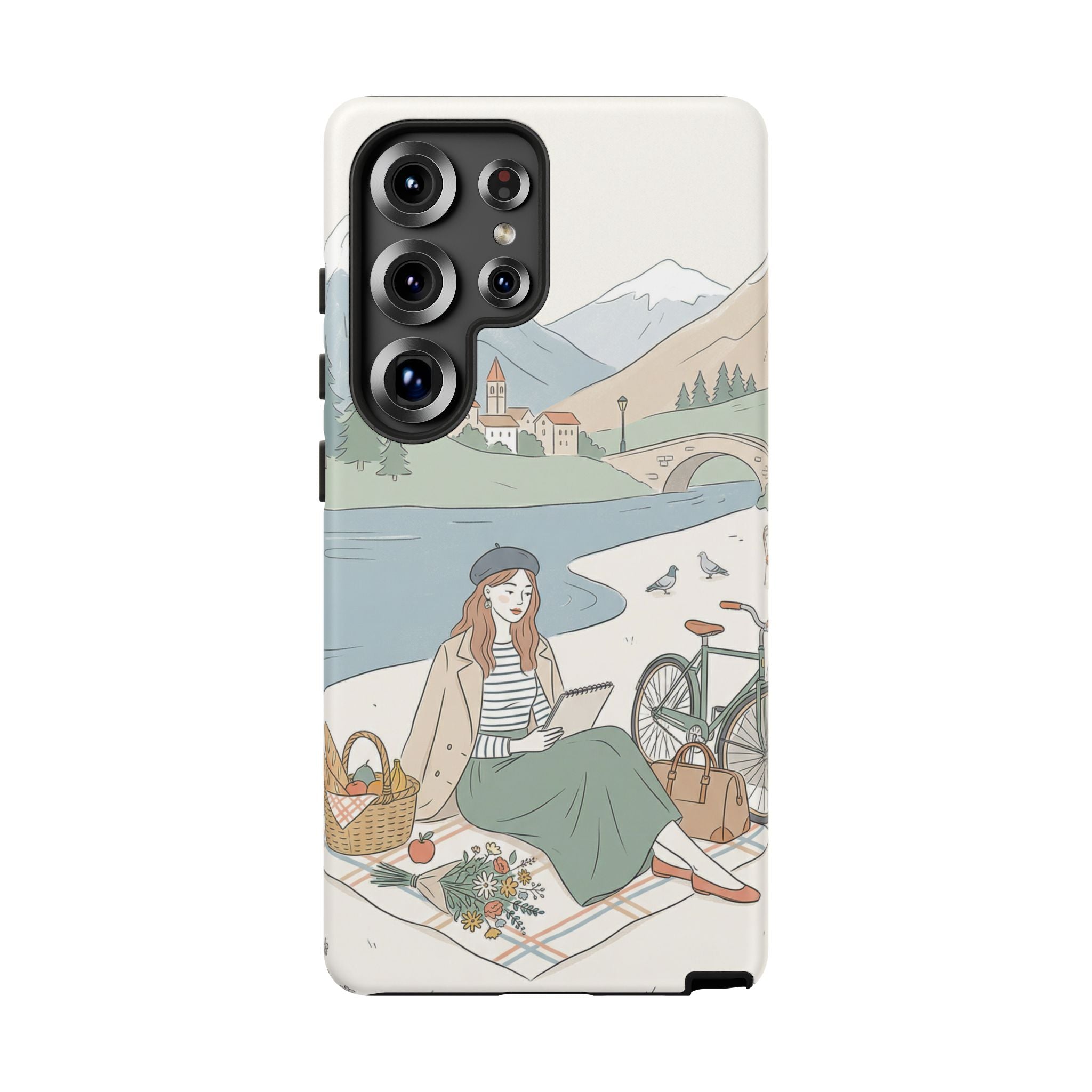 Scenic Picnic Samsung Galaxy Phone Case | Vintage Bicycle & Mountain Illustration