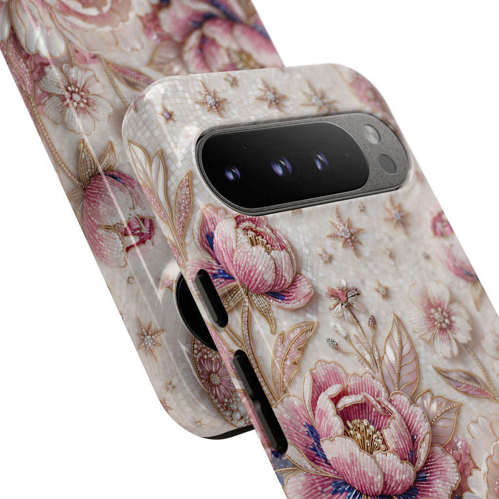 Custodia per telefono Google Pixel "Floral Moon Tough" | Cover protettiva in Peonia Rosa Vintage