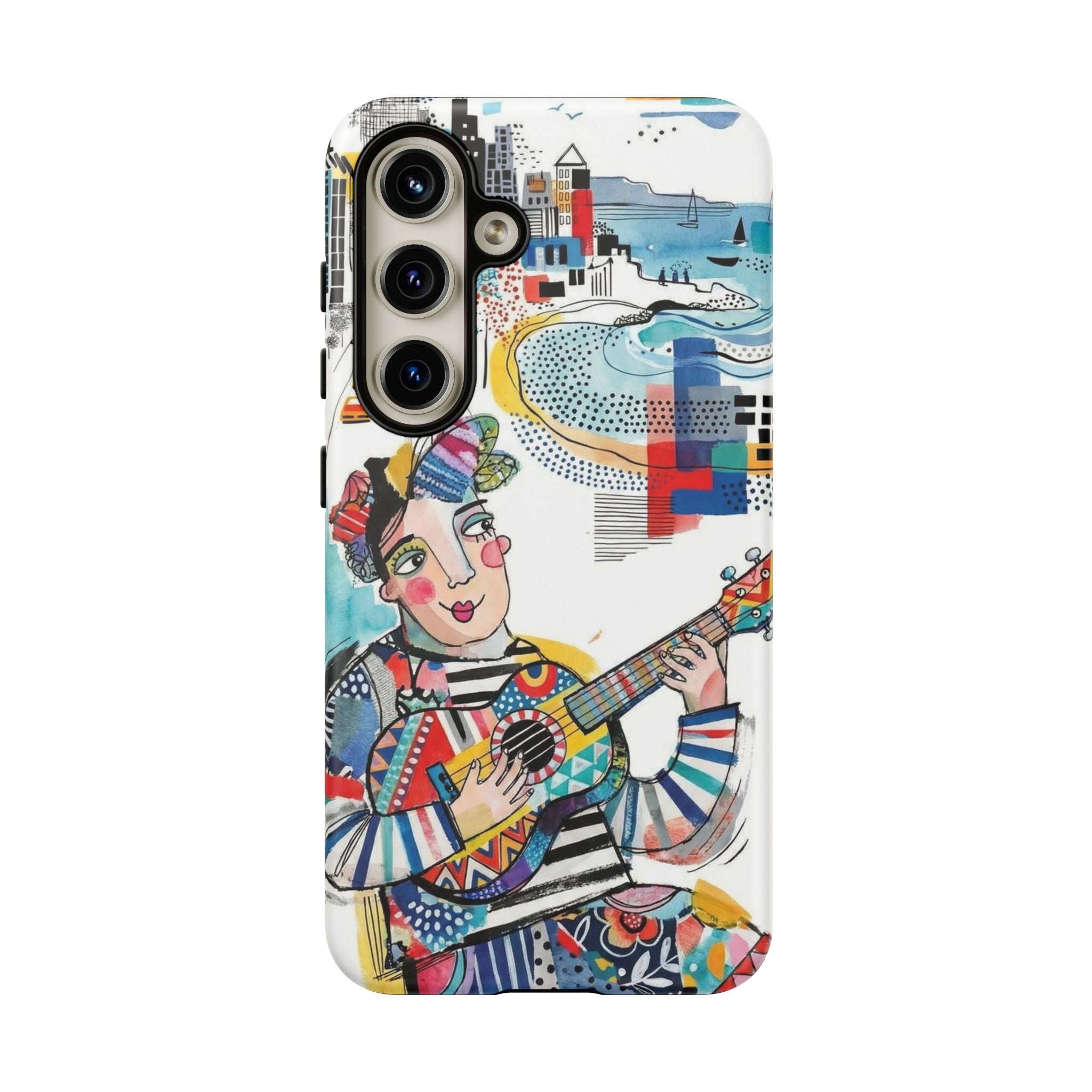 Custodia per Samsung Galaxy per Musicisti Artistici | Custodia Resistente con Chitarra Colorata e Paesaggio Urbano