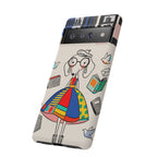 Illustrazione di un simpatico bassotto per cover Google Pixel | Design colorato e fantasioso con libri e uccellini