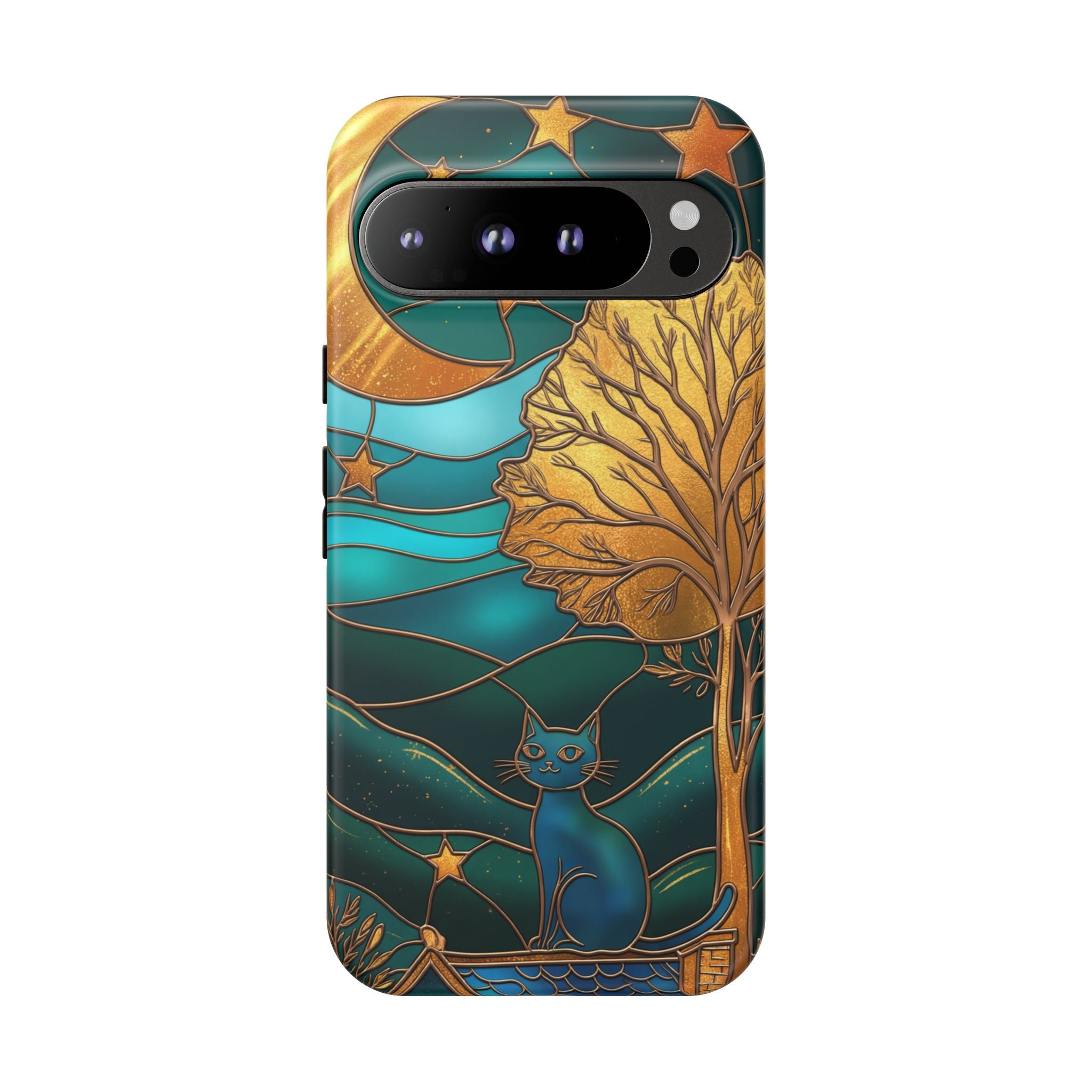 Stained Glass Night Cat Google Pixel Case | Teal & Gold Art Deco Protection