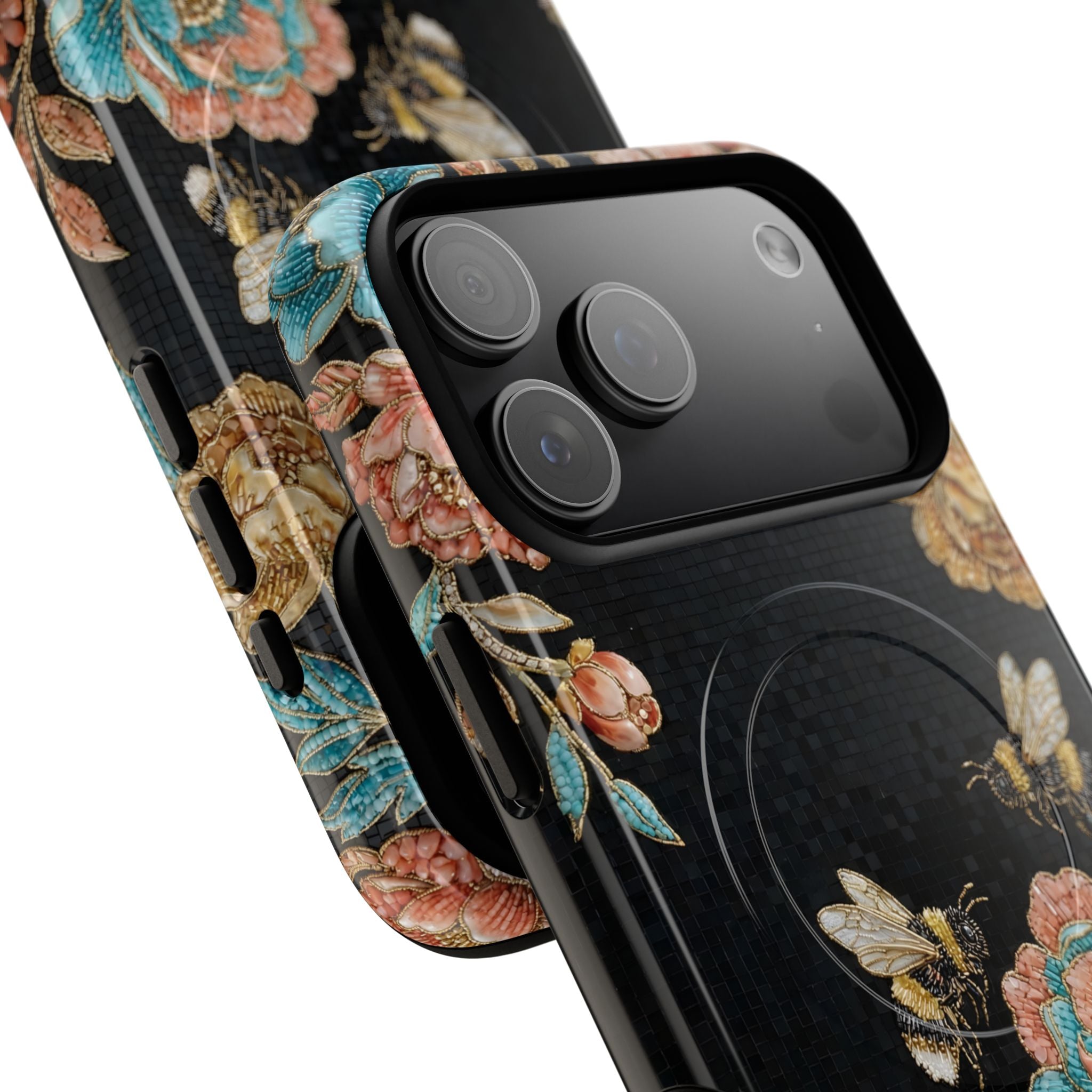 Floral Bees Tough MagSafe iPhone Case | Vintage Rose & Bumblebee Protective Cover