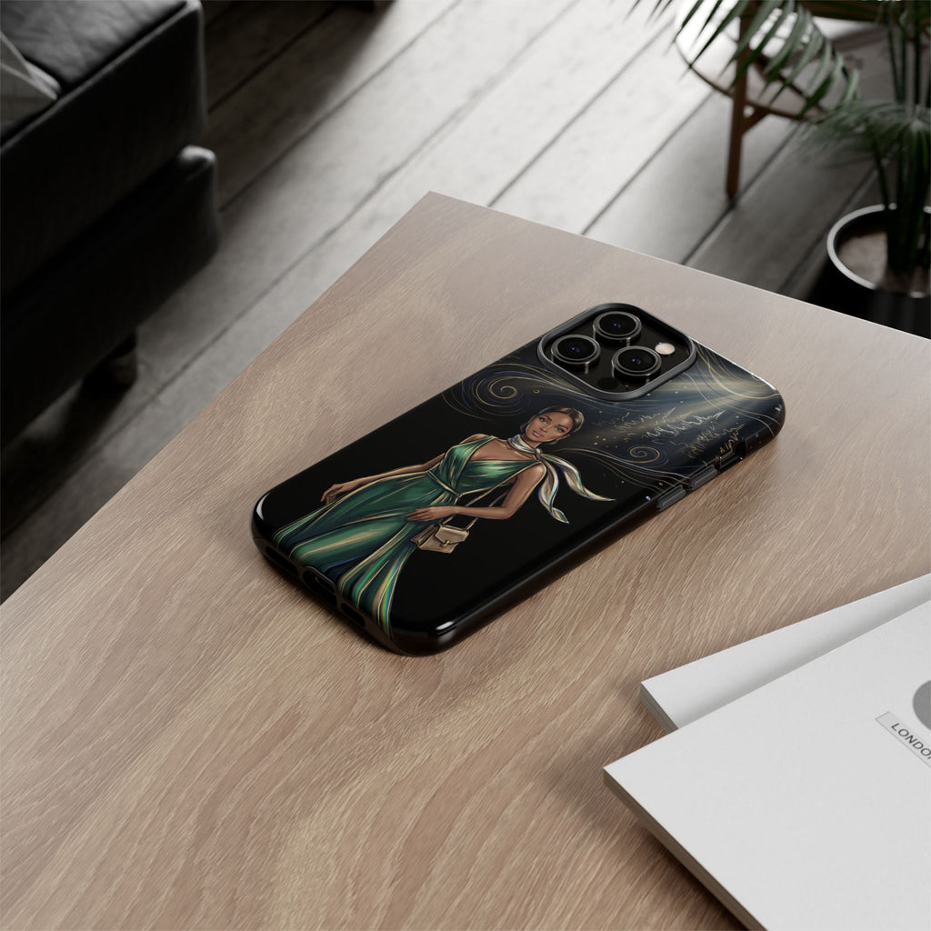 Elegant Woman in Green Dress Art Protective Tough iPhone Case