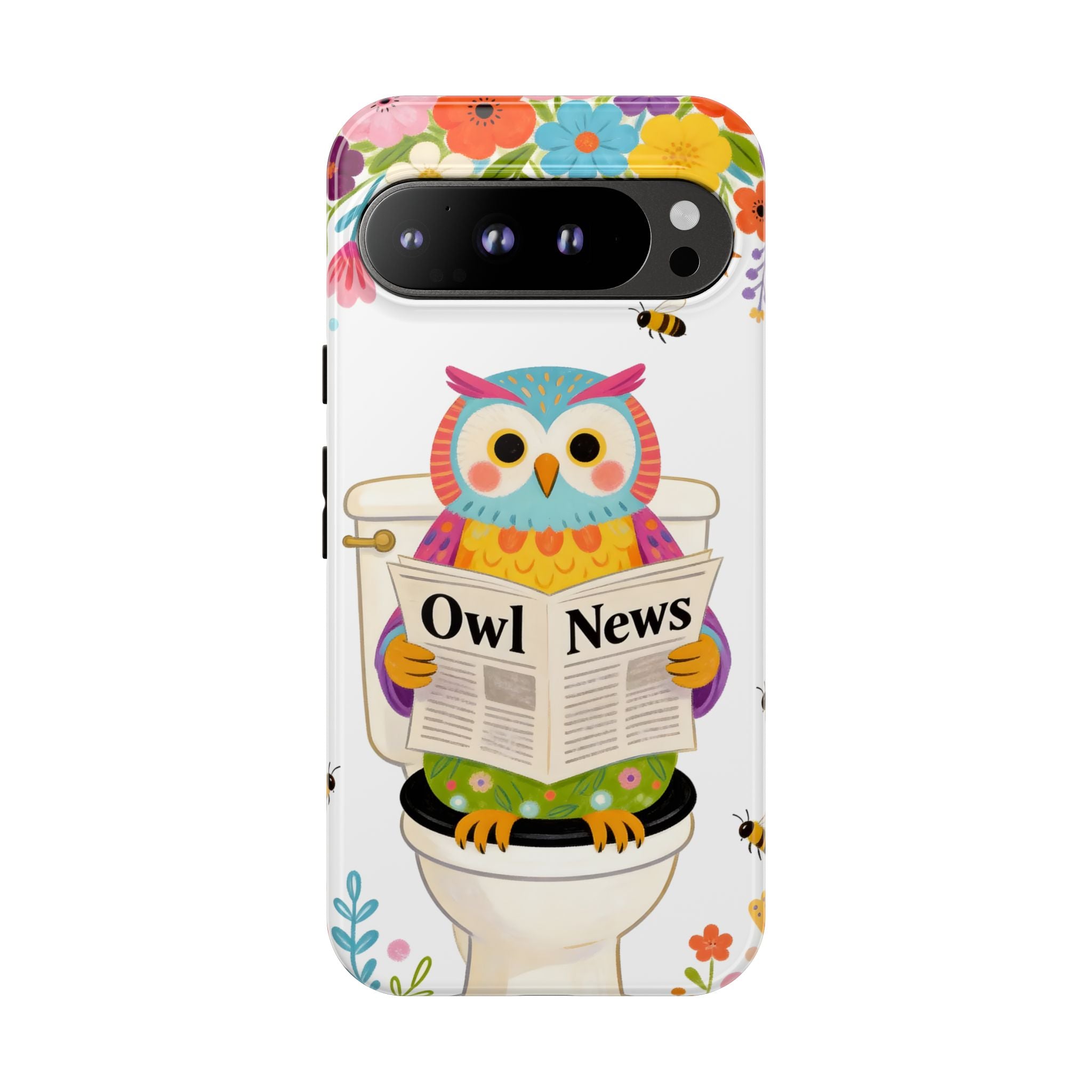 Owl News Floral Google Pixel Phone Case | Cute Owl Reading Newspaper on Toilet