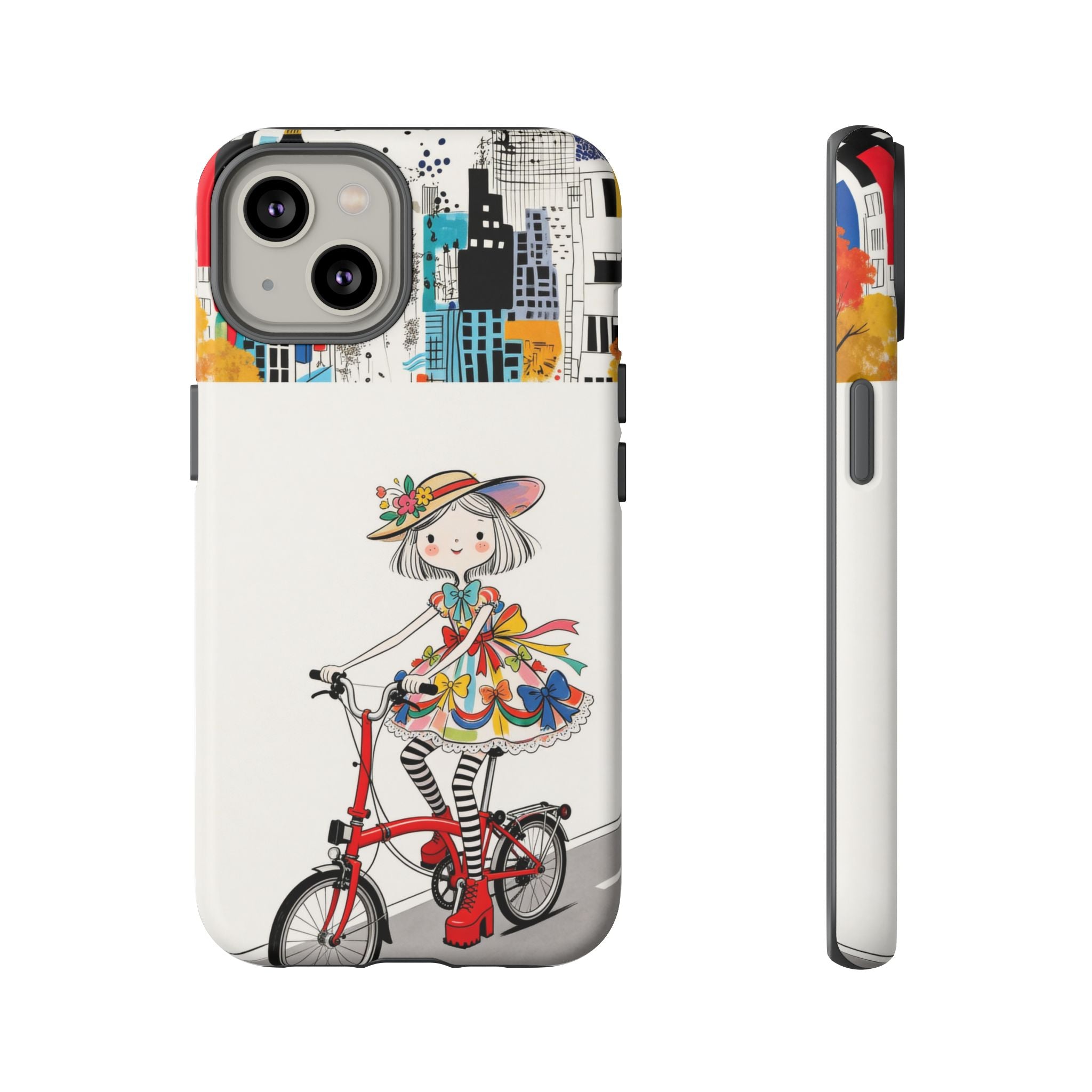 Whimsical Girl on Brompton Bicycle Urban Illustration iPhone Case
