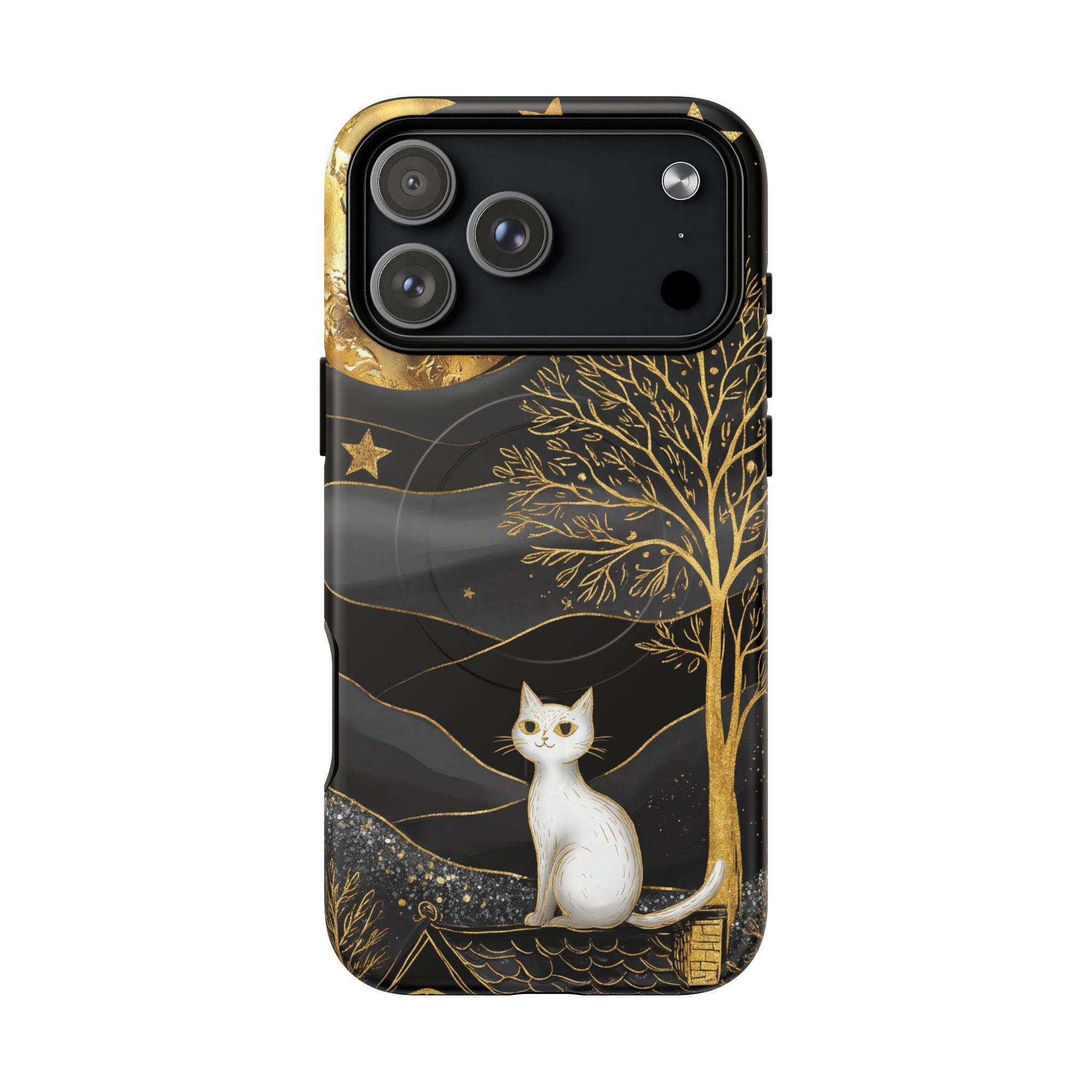 Custodia per iPhone Moonlit Cat | Custodia resistente MagSafe nera e oro