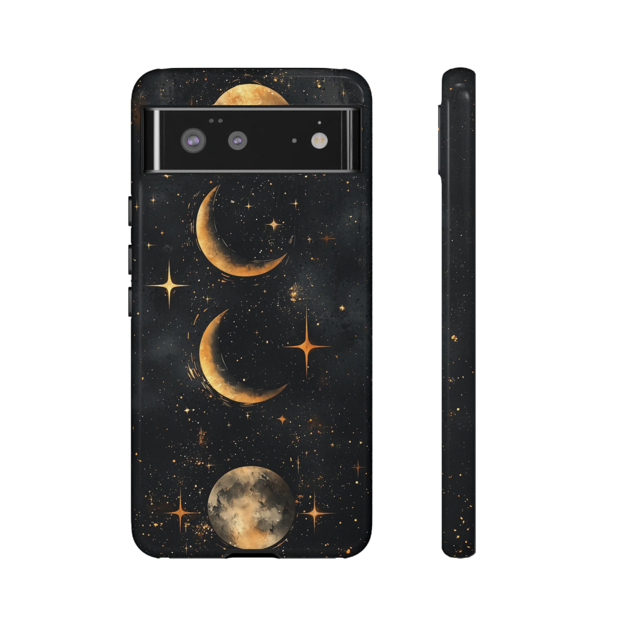 Celestial Moon Phases Tough Google Pixel Case | Gold Crescent & Full Moon Galaxy Design