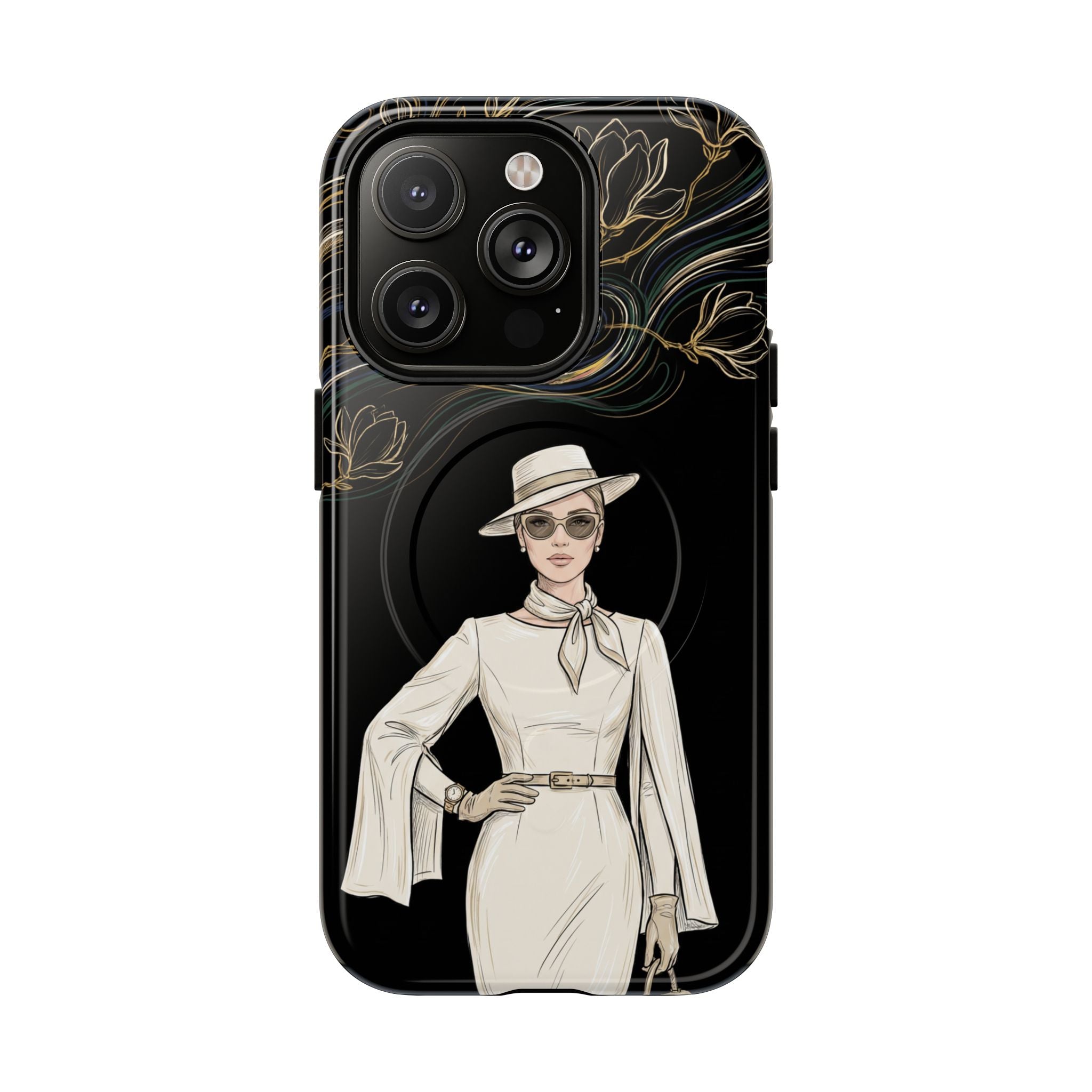 MagSafe iPhone Case | Elegant Vintage Lady with Gold Floral Swirls