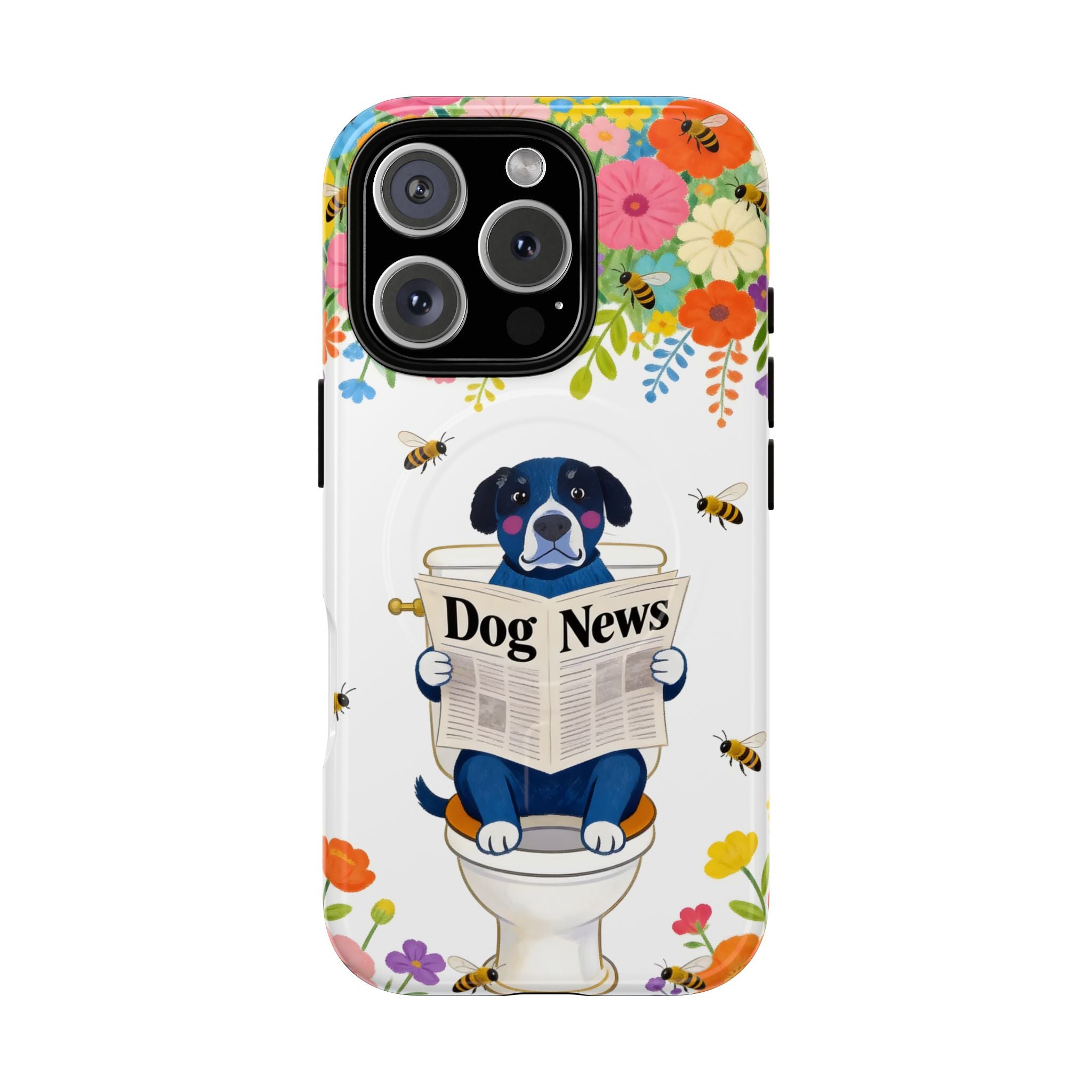 Dog News Floral MagSafe iPhone Case | Cute Dog on Toilet Pattern, Spring Floral iPhone Cover