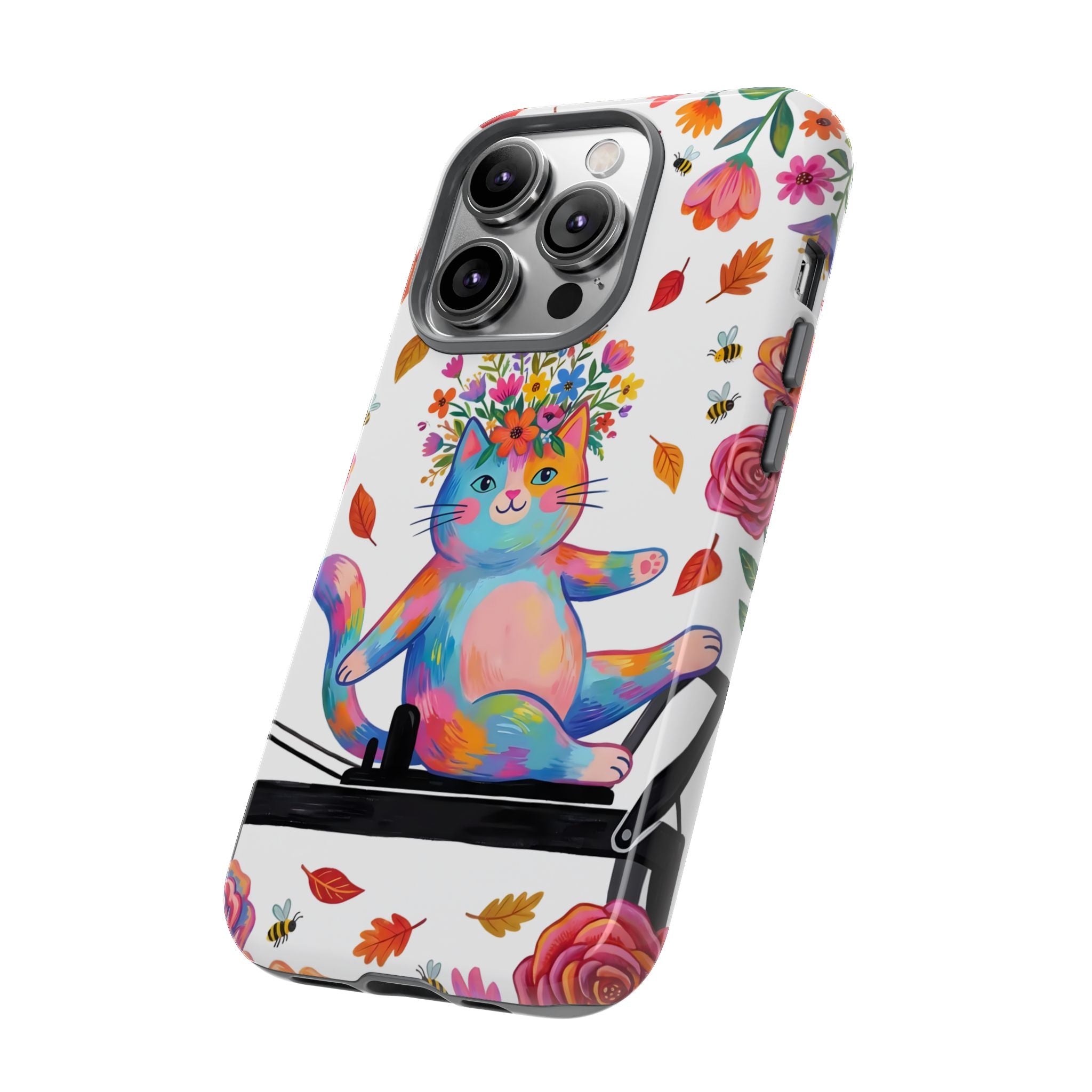 Colorful Floral Cat on Pilates Reformer Protective iPhone Case